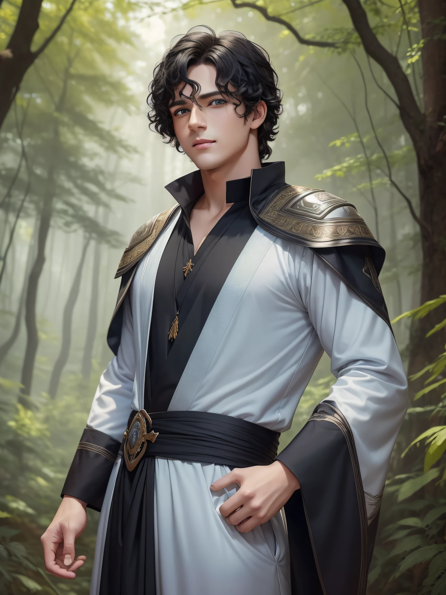 There is a young man with a handsome face and curly black hair and big blue eyes in a sunny forest, a thoughtful attentive expression on a handsome face, full-length, dressed in a gray long torn old-style angel tunic and old-style pants, ((masterpiece)), (best quality)