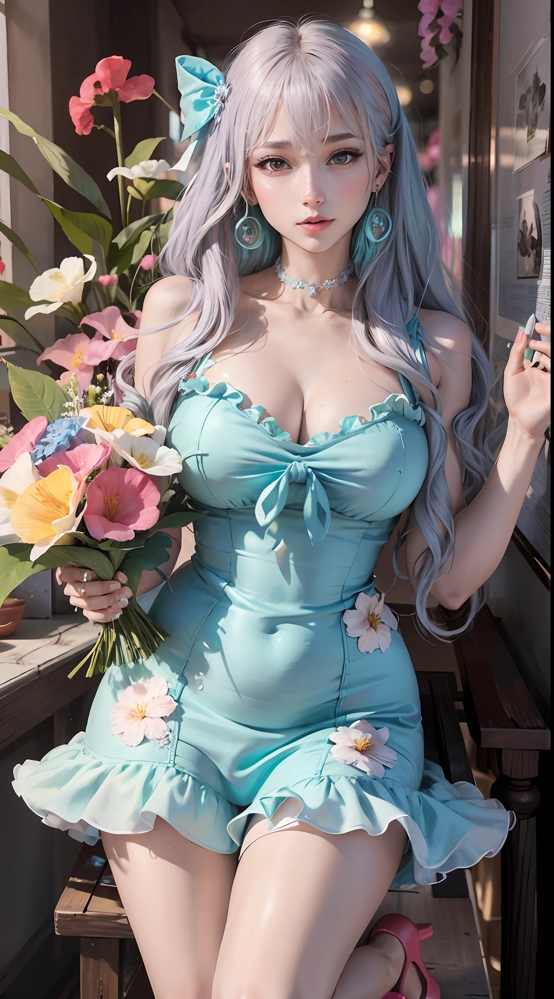 nikon RAW photo,8k,Fujifilm XT3,masterpiece,best quality,realistic,photorealistic,ultra detailed,extremely detailed face,cinematic lighting, gril,1girl,solo,full body, earrings, edium breasts, high heels, dynamic pose,happy,Surrounded by flowers,(flower:1.2),Rich details,fashion, bakery, DarkMagenta medium hime_cut, PaleTurquoise Hibiscus Dress,
