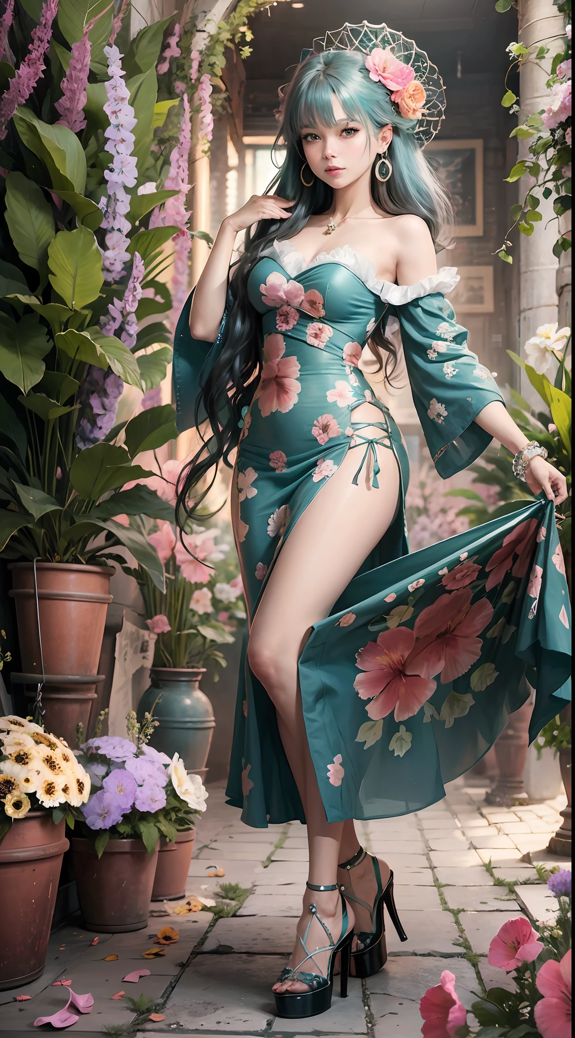 nikon RAW photo,8k,Fujifilm XT3,masterpiece,best quality,realistic,photorealistic,ultra detailed,extremely detailed face,cinematic lighting, gril,1girl,solo,full body, earrings, edium breasts, high heels, dynamic pose,happy,Surrounded by flowers,(flower:1.2),Rich details,fashion, bakery, DarkMagenta medium hime_cut, PaleTurquoise Hibiscus Dress,