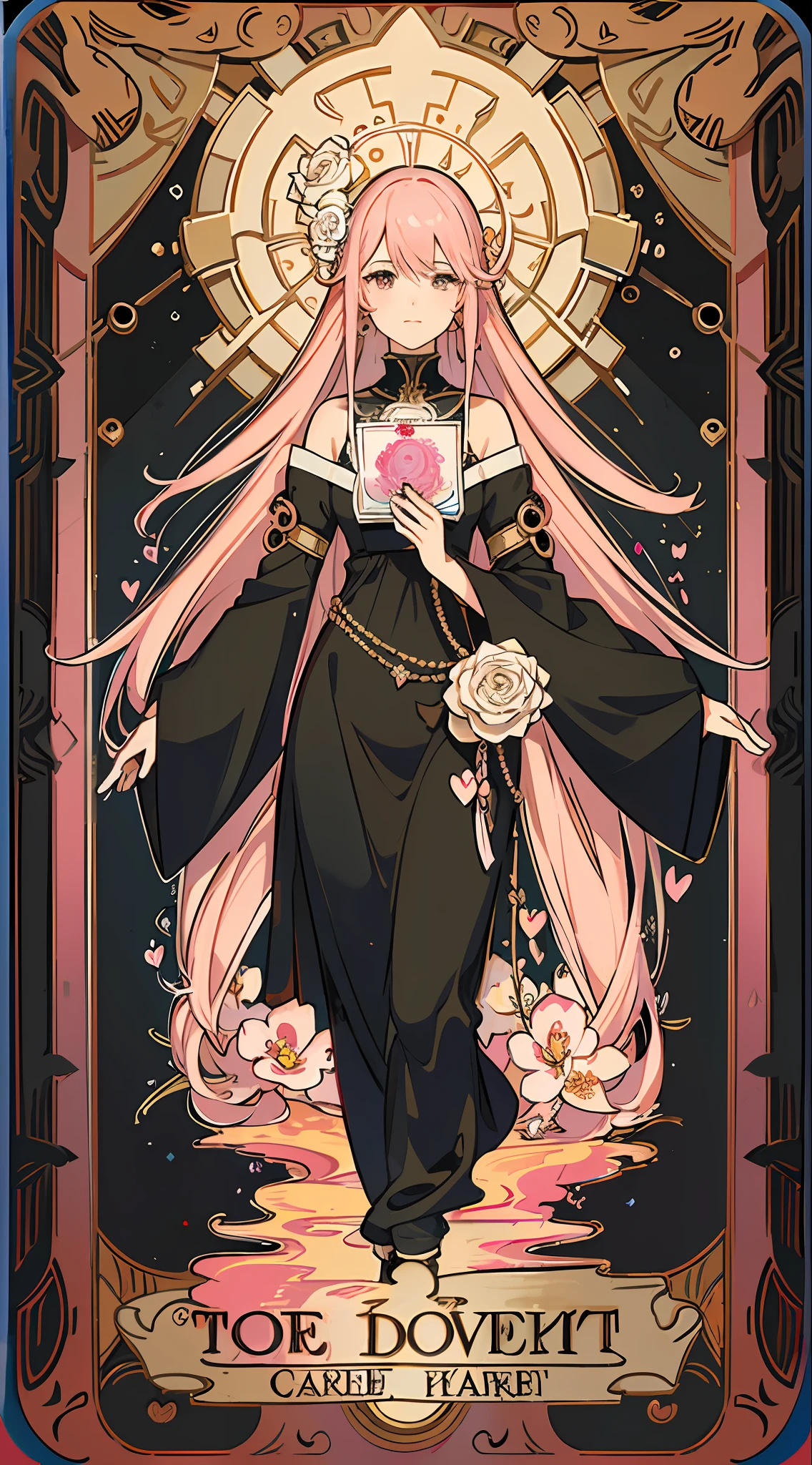 (masterpiece, top quality, best quality, official art, beautiful and aesthetic:1.2), (1girl:1.3), (fractal art:1.3), card, tarot, pink hair, hearts , hair flower, (good lighting:1.1), ((highres)), Tarot card style
