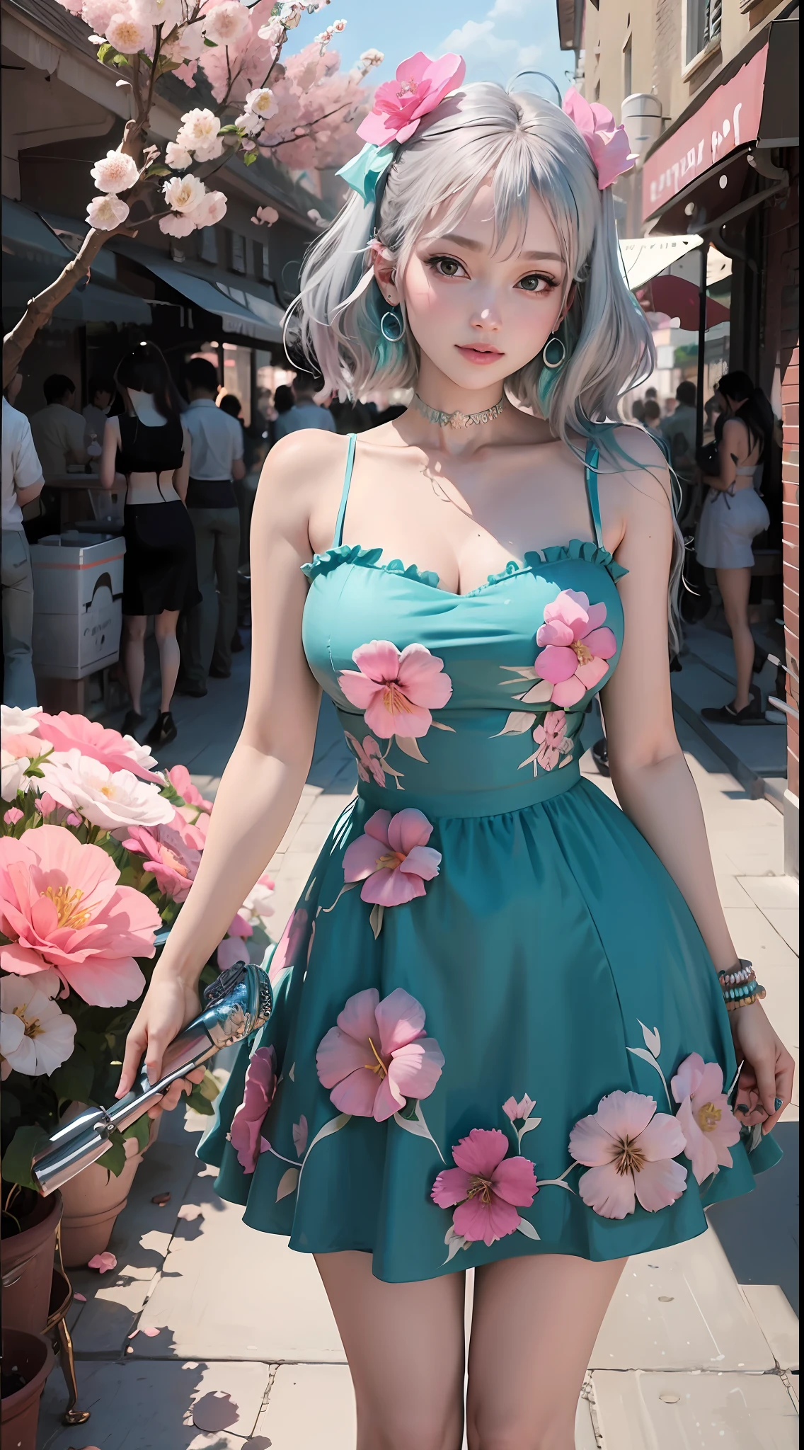 nikon RAW photo,8k,Fujifilm XT3,masterpiece,best quality,realistic,photorealistic,ultra detailed,extremely detailed face,cinematic lighting, gril,1girl,solo,full body, earrings, edium breasts, high heels, dynamic pose,happy,Surrounded by flowers,(flower:1.2),Rich details,fashion, bakery, DarkMagenta medium hime_cut, PaleTurquoise Hibiscus Dress,