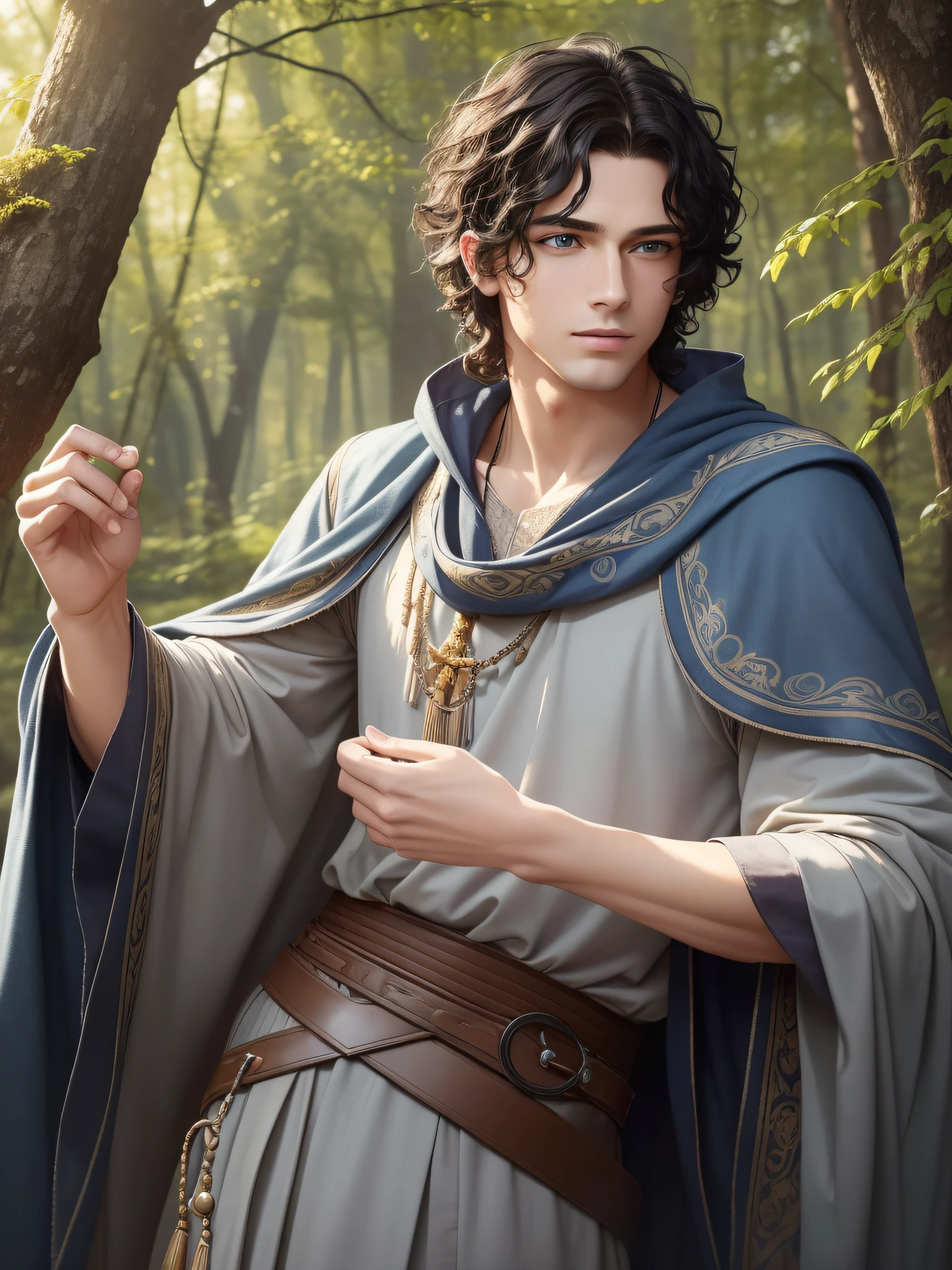 There is a young man with a handsome face and curly black hair and big blue eyes in a sunny forest, a thoughtful attentive expression on a handsome face, full-length, dressed in a gray long torn old-style Slavic tunic and old-style pants, ((masterpiece)), (best quality)