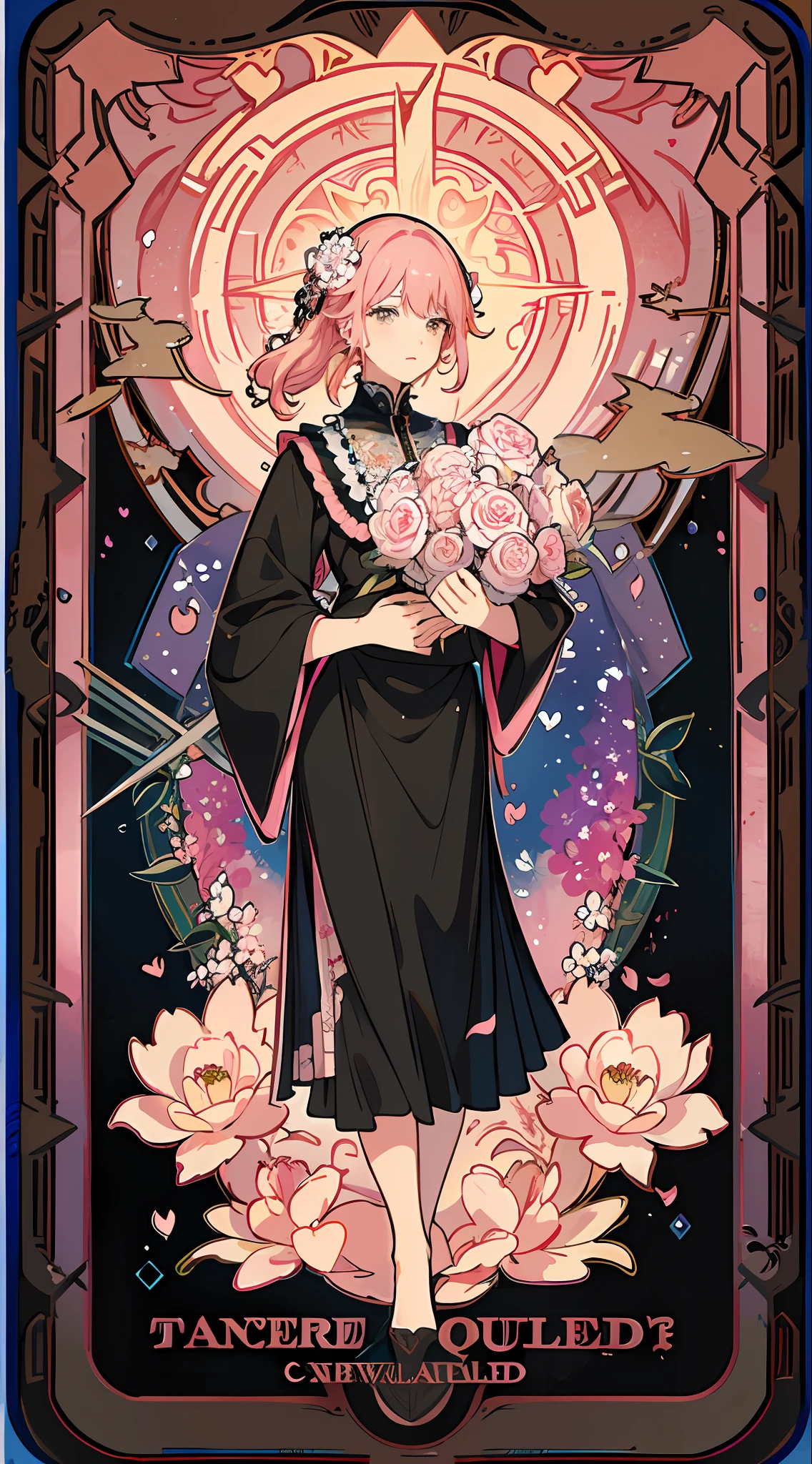 (masterpiece, top quality, best quality, official art, beautiful and aesthetic:1.2), (1girl:1.3), (fractal art:1.3), card, tarot, pink hair, hearts , hair flower, (good lighting:1.1), ((highres)), Tarot card style