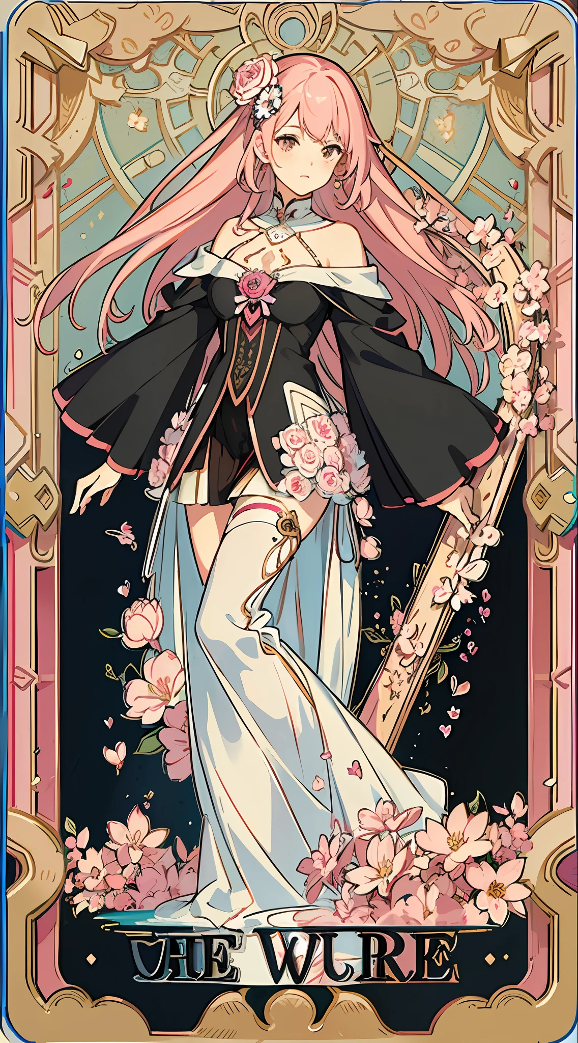 (masterpiece, top quality, best quality, official art, beautiful and aesthetic:1.2), (1girl:1.3), (fractal art:1.3), card, tarot, pink hair, hearts , hair flower, (good lighting:1.1), ((highres)), Tarot card style