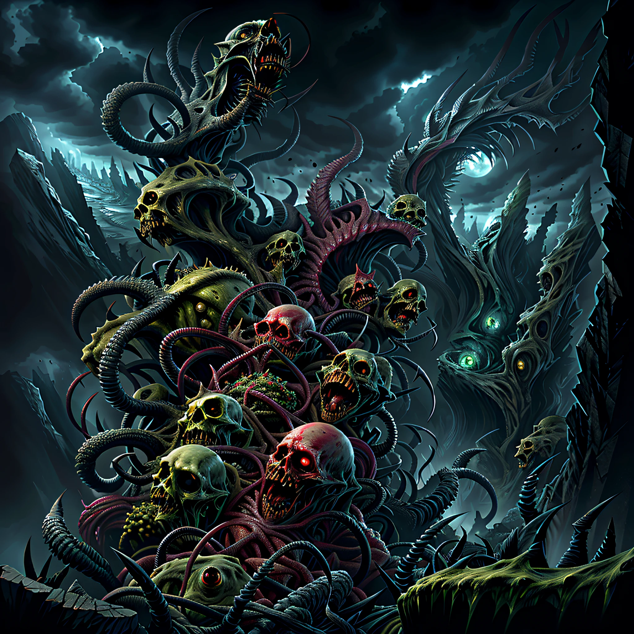 dynamic angle, view from the top of the peak, many horror sculptures in a landscape of madness, horror from the 4th dimension, rotten ends, thorns, artstation, UHD, unreal engine, line art drawing style. Dark and green colors.