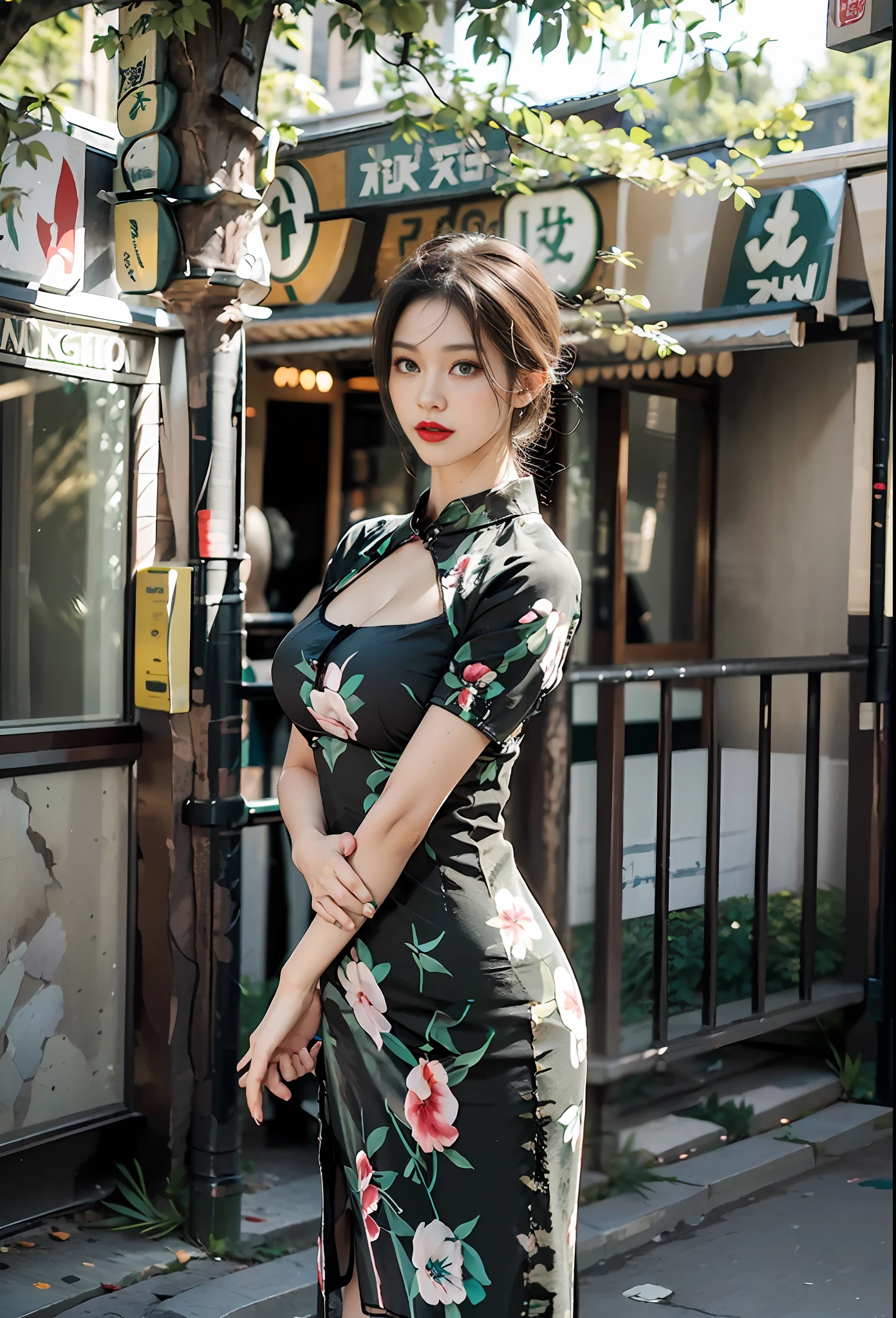 (green printed porcelain dress), 1 girl, (Behind arm: 1.1), (Realistic: 1.7), (Best Quality)), Ridious, (Ultra High Resolution), (Realistic: 1.6), Realistic, Octane Rendering, (Hyperrealism: 1.2), (Realistic Face: 1.2), (8K), (4K), (Masterpiece), (Realistic Skin Texture), (Illustration, Cinematic Lighting, Wallpaper), (Beautiful Eyes: 1.2), (Perfect Face))), (Cute), (Standing), (Brunetize), Black Eyes, Red Lips, (Outdoor), (Big breasts), (tight), (no bra)