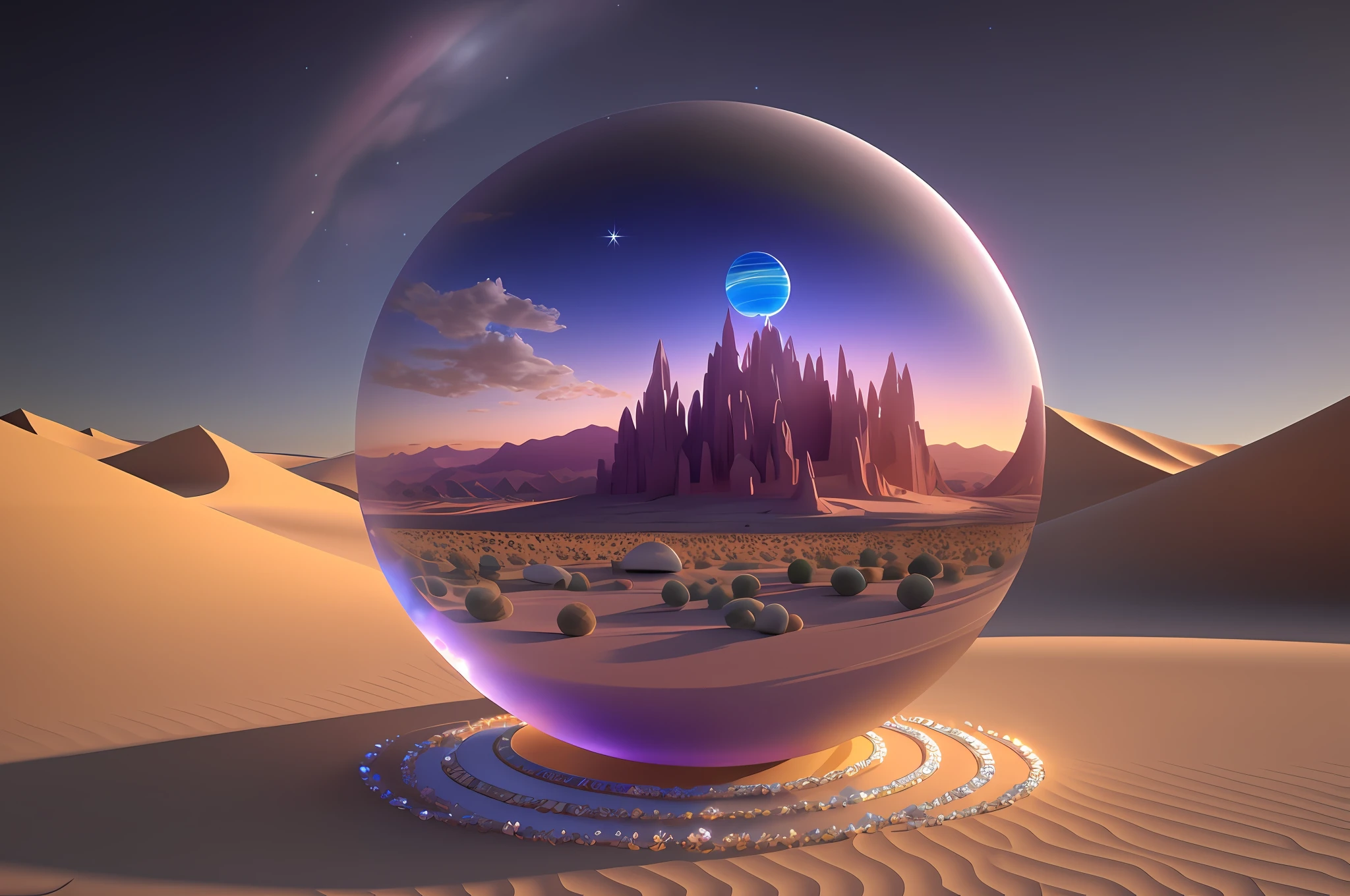 There is a crystal ball sitting on the desert, ethereal starlight city at sunset, fantasy planet, 3D rendering of Bippul, inspired by Philip Hoddas, in the art style of Philip Hodass, Planet Landscape, inspired by Bipple, epic dreamy fantasy landscape, inspired by Mike "Bipple" Winckelman --auto --s2