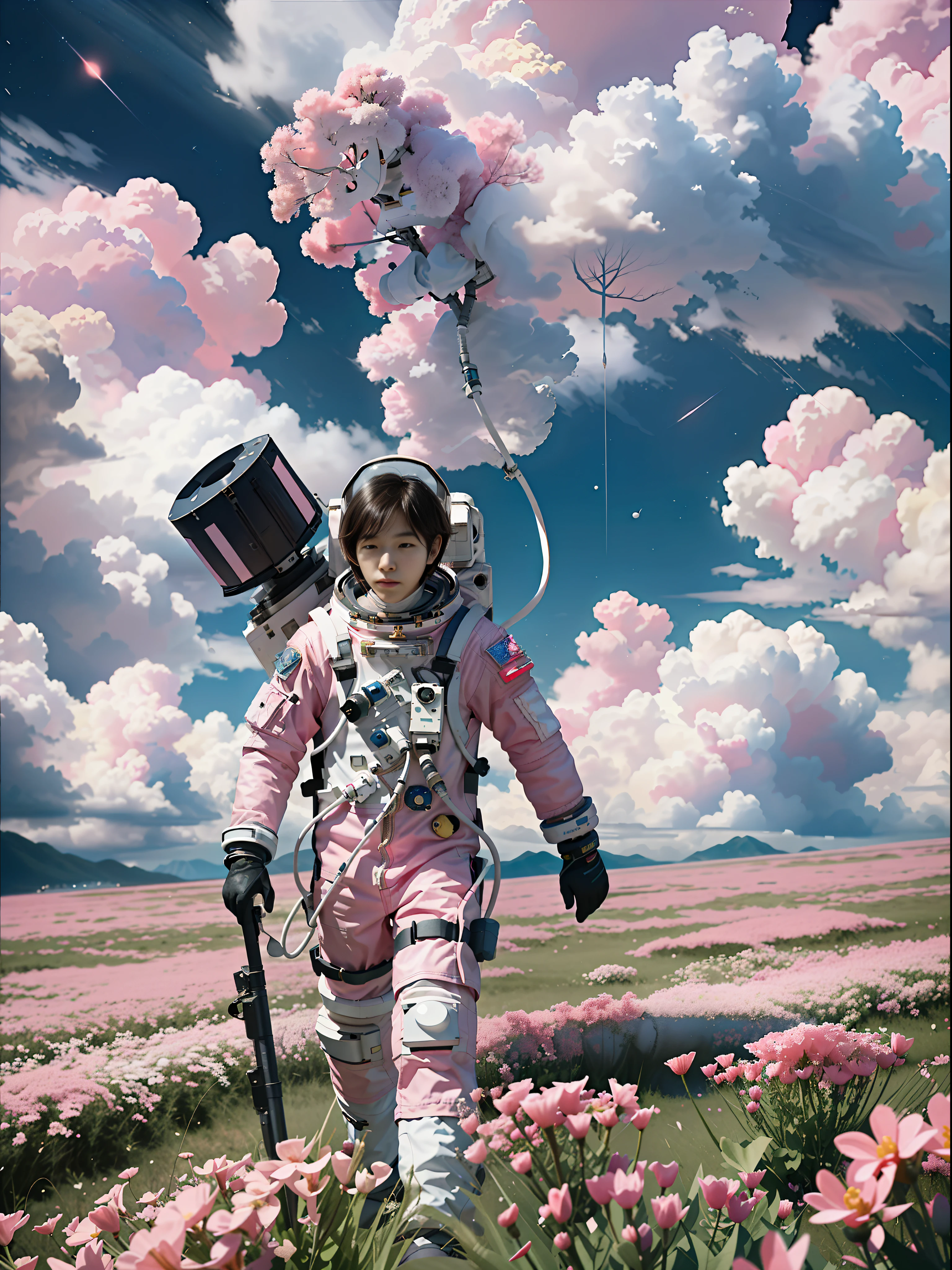 he astronaut walks in the sea of flowers dotted with pink clouds，The astronaut who is alone，The astronaut cannot leave this planet，The astronaut is lost in the boundless space.