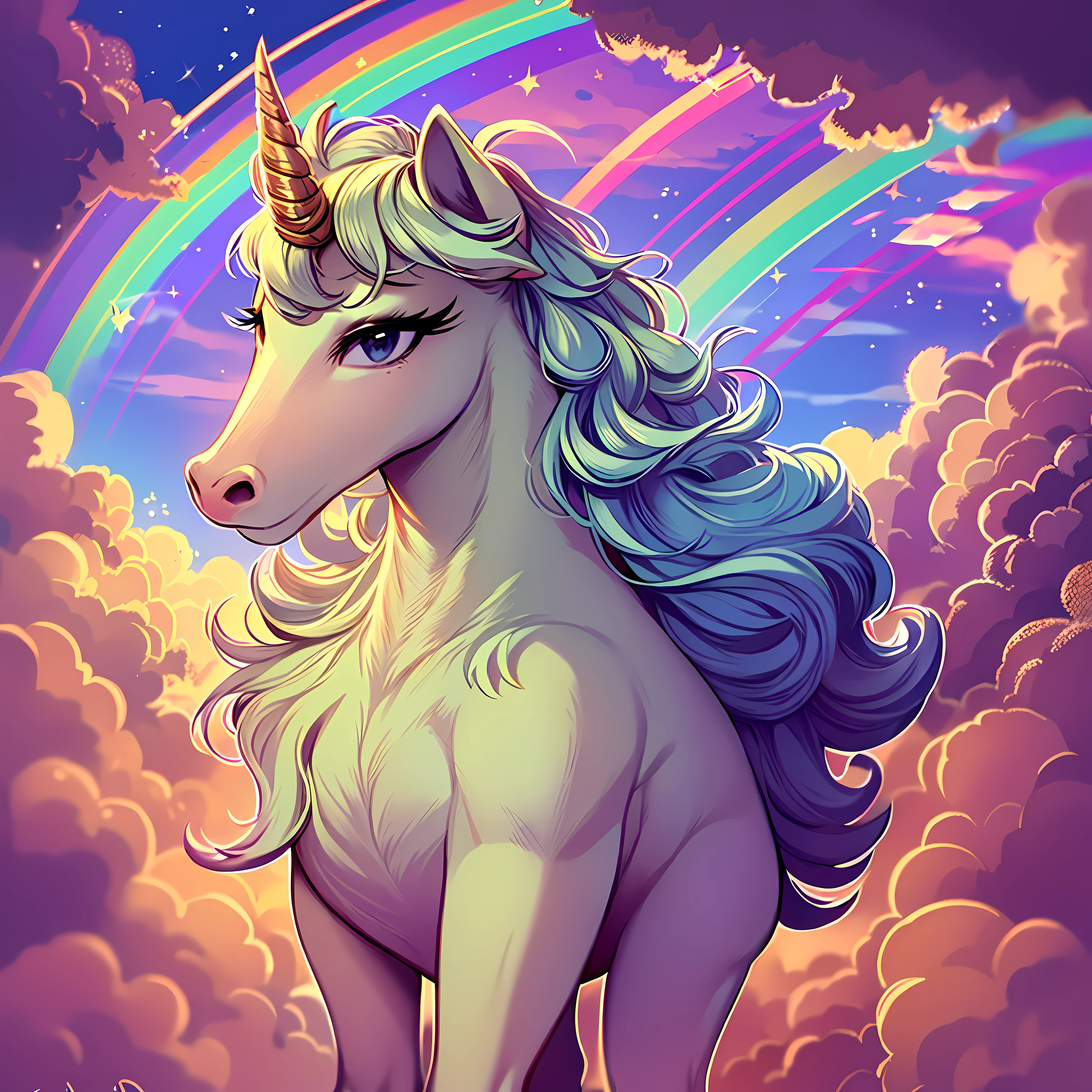 (masterpiece), a cute, adorable, and fluffy unicorn with a white coat, surrounded by clouds, and a beautiful sky in the background with a colorful rainbow.