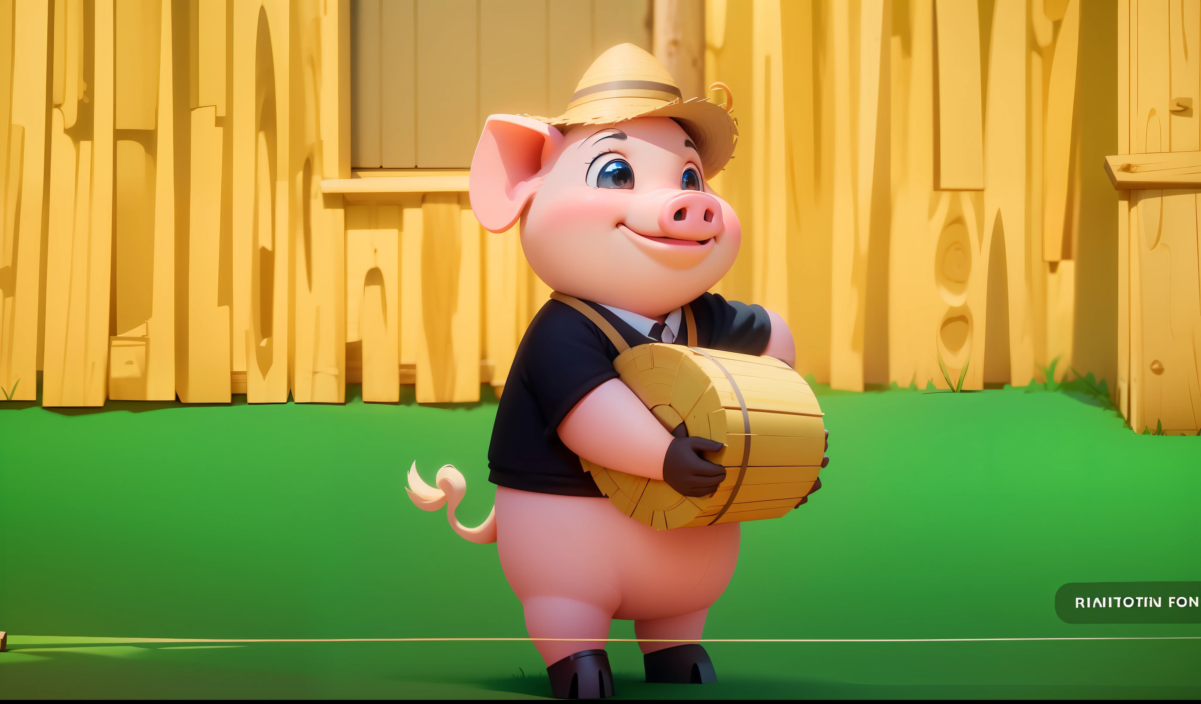 A little pig standing in the forest, in profile, carrying a bale of straw, with a hat on his head, with a straw house behind, smiling, cartoon, hyper realistic, 8k, ultra hd, pixar disney, 3d --auto --s2