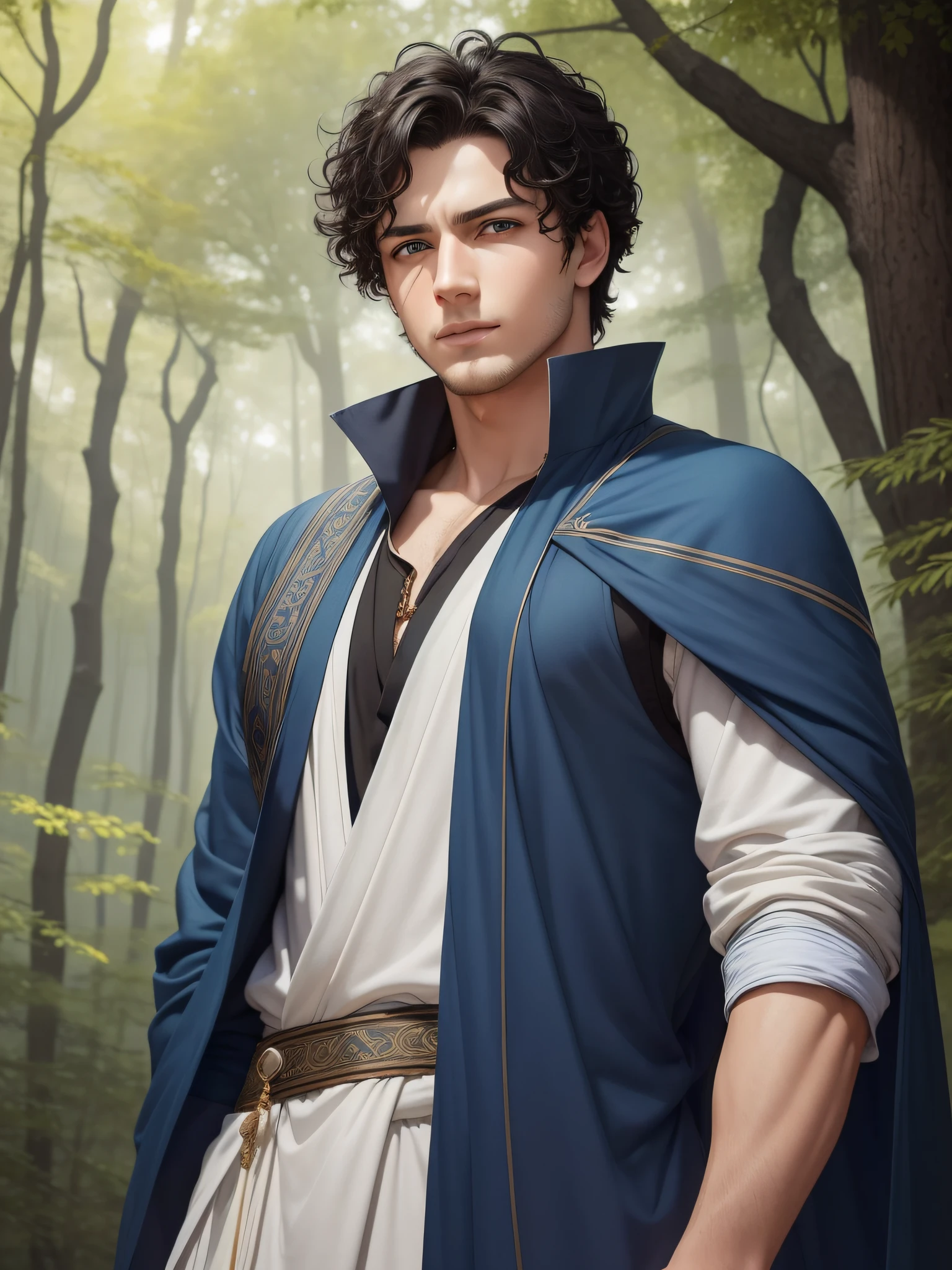 There is a young man with a handsome face and short curly black hair and big blue eyes in a sunny forest, a thoughtful attentive expression on a handsome face, full-length, dressed in a gray long old-style tunic without jewelry, seratya fabric without patterns, ((masterpiece)), (best quality)