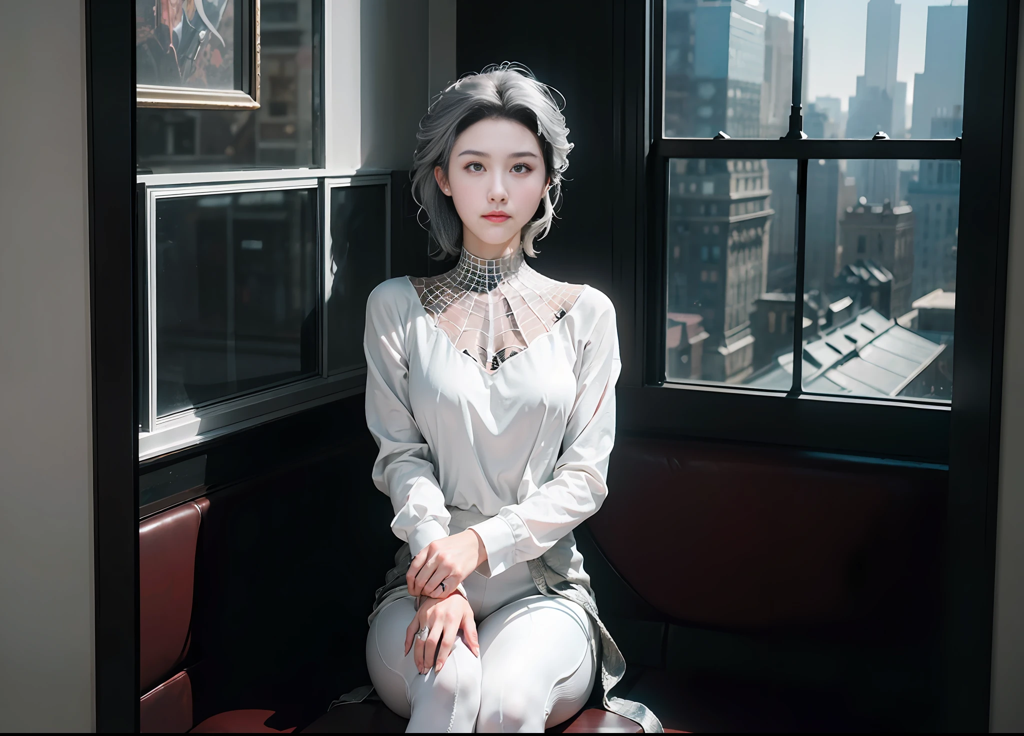 (Extreme Detail CG Unity 8K wallpaper, masterpiece, highest quality), (Exquisite lighting and shadow, highly dramatic picture, Cinematic lens effect), a girl in a white Spider-Man costume, silver gray hair color, from the Spider-Man parallel universe, Wenger, Marvel, Spider-Man, sitting on the couch, dynamic pose), (excellent detail, excellent lighting, wide angle), (excellent rendering, enough to stand out in its class), focus on white Spider-Man costumes, complex spider textures