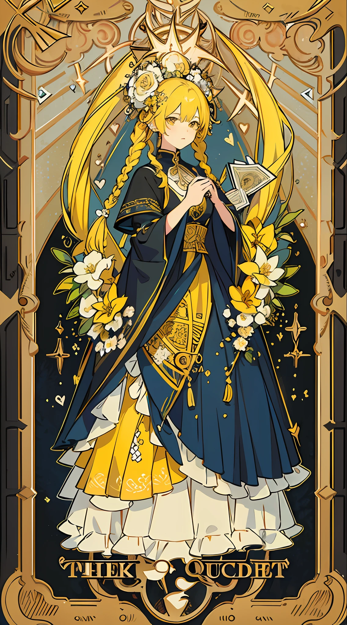 (masterpiece, top quality, best quality, official art, beautiful and aesthetic:1.2), (1girl:1.3), (fractal art:1.3), card, tarot, yellow hair, twin braids, hearts , hair flower, (good lighting:1.1), ((highres)), Tarot card style