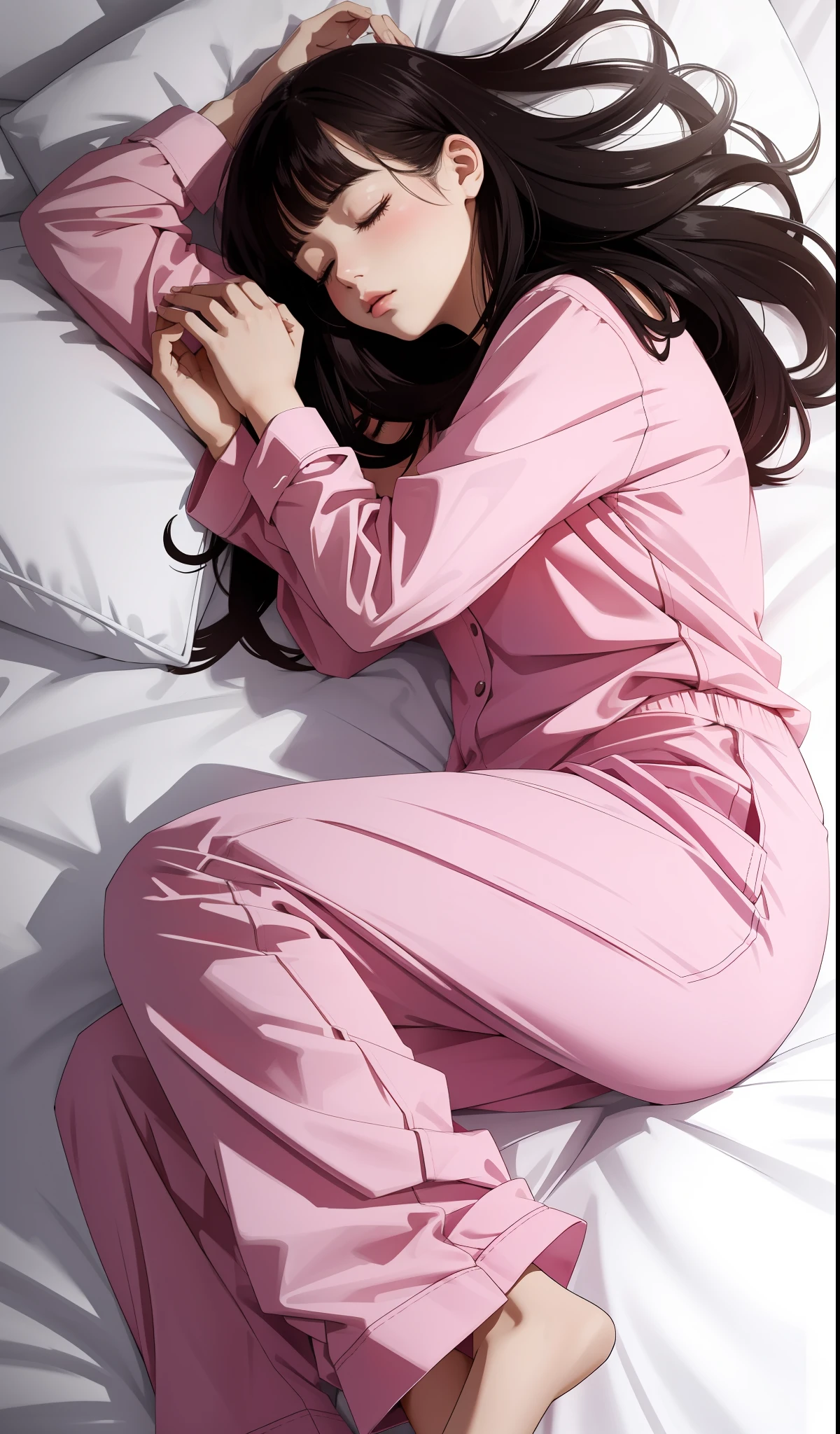 Sleeping girl, 22 years old, realistic, she is wearing long pants, she is wearing pink pajama, brown hair.
