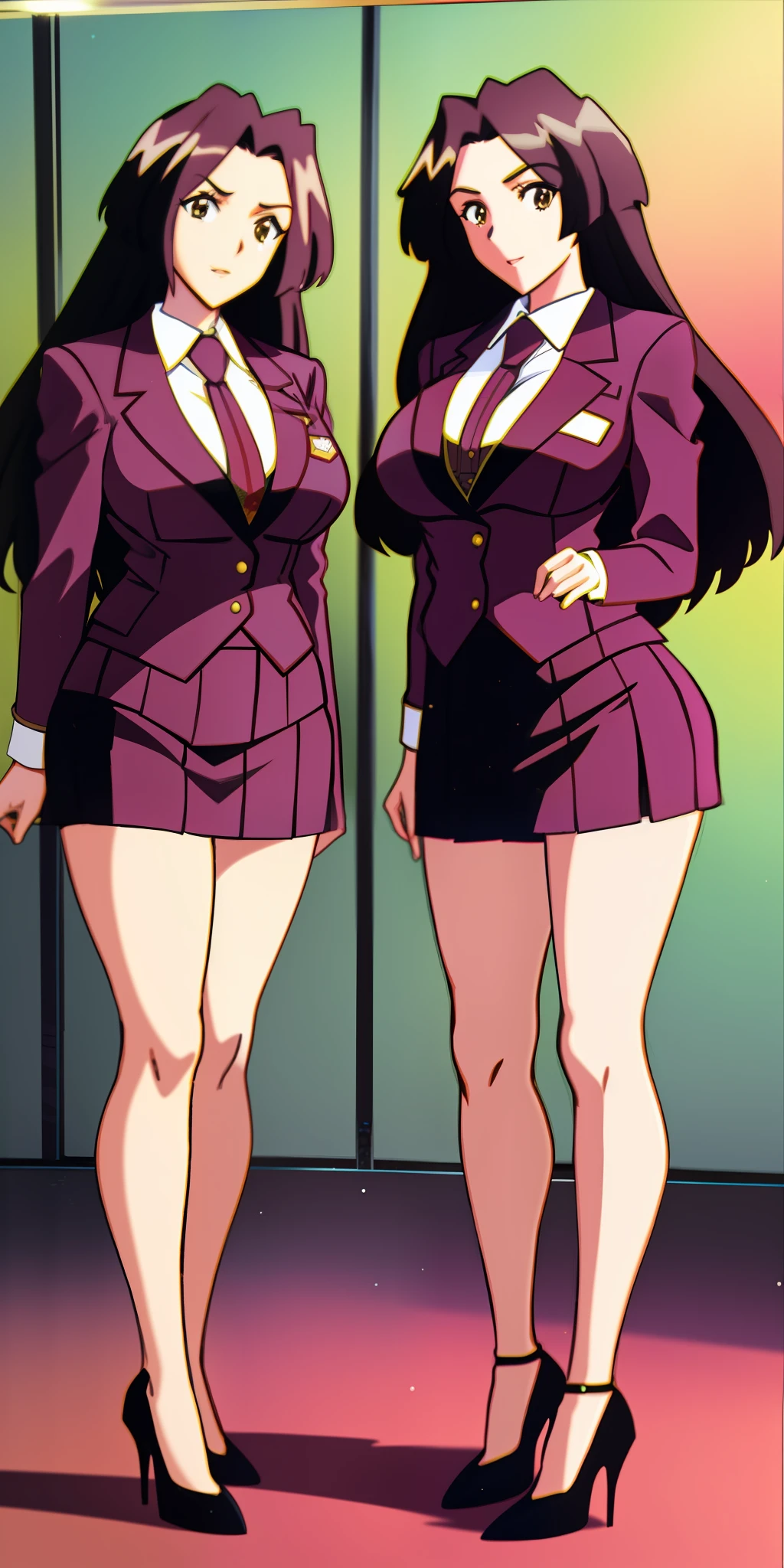 2girls, identical twin sisters, long curly brown hair, matching hairstyle, large_breasts, ErinaSkirtSuit, skirt suit, short skirt, bare legs, high heels, matching outfits, extremely detailed, strutting
