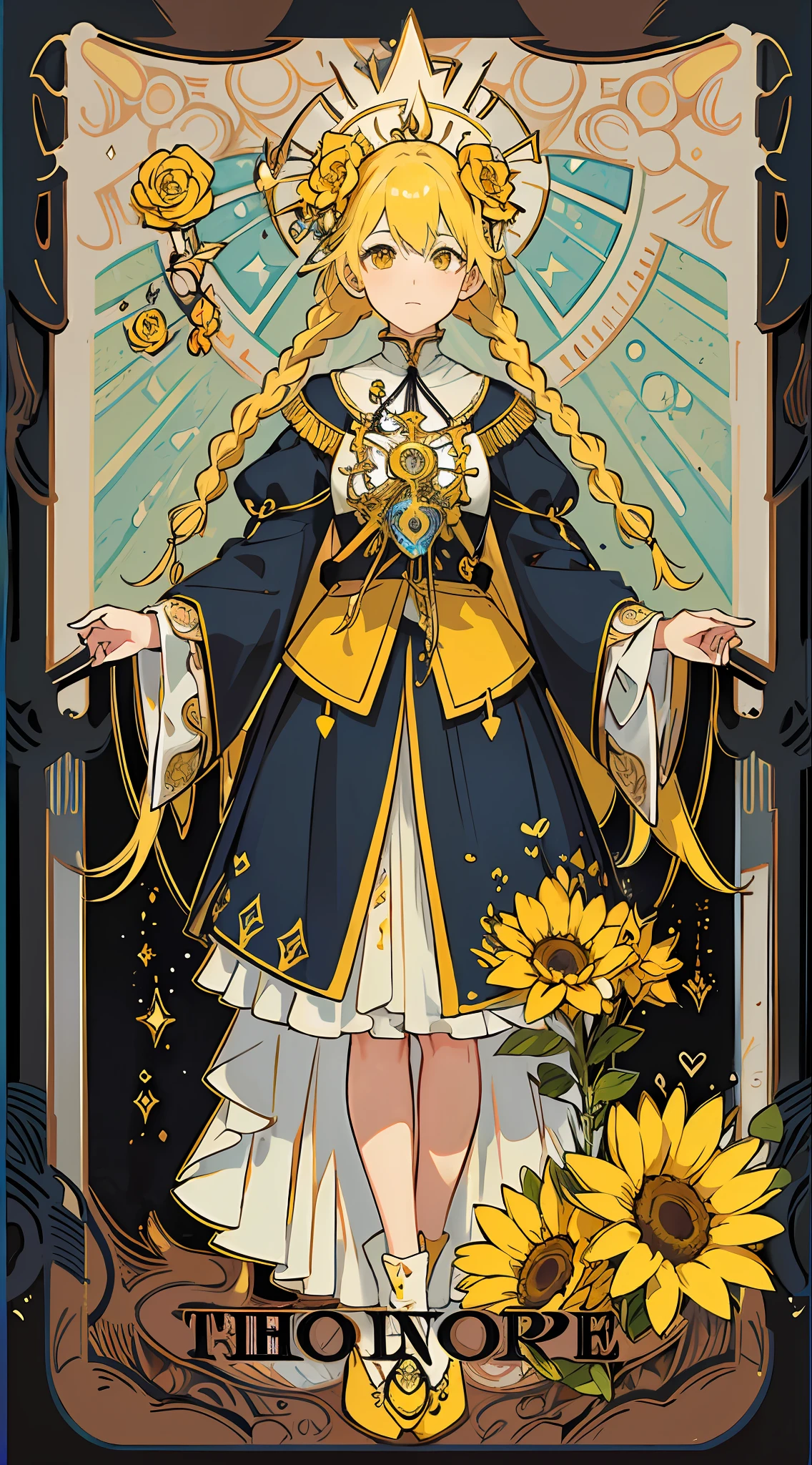 (masterpiece, top quality, best quality, official art, beautiful and aesthetic:1.2), (1girl:1.3), (fractal art:1.3), card, tarot, yellow hair, twin braids, hearts , hair flower, (good lighting:1.1), ((highres)), Tarot card style