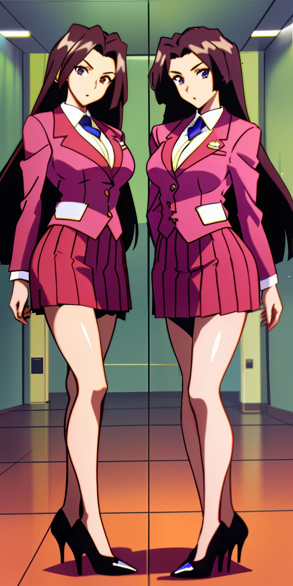2girls, identical twin sisters, long curly brown hair, matching hairstyle, large_breasts, ErinaSkirtSuit, skirt suit, short skirt, bare legs, high heels, matching outfits, extremely detailed, strutting
