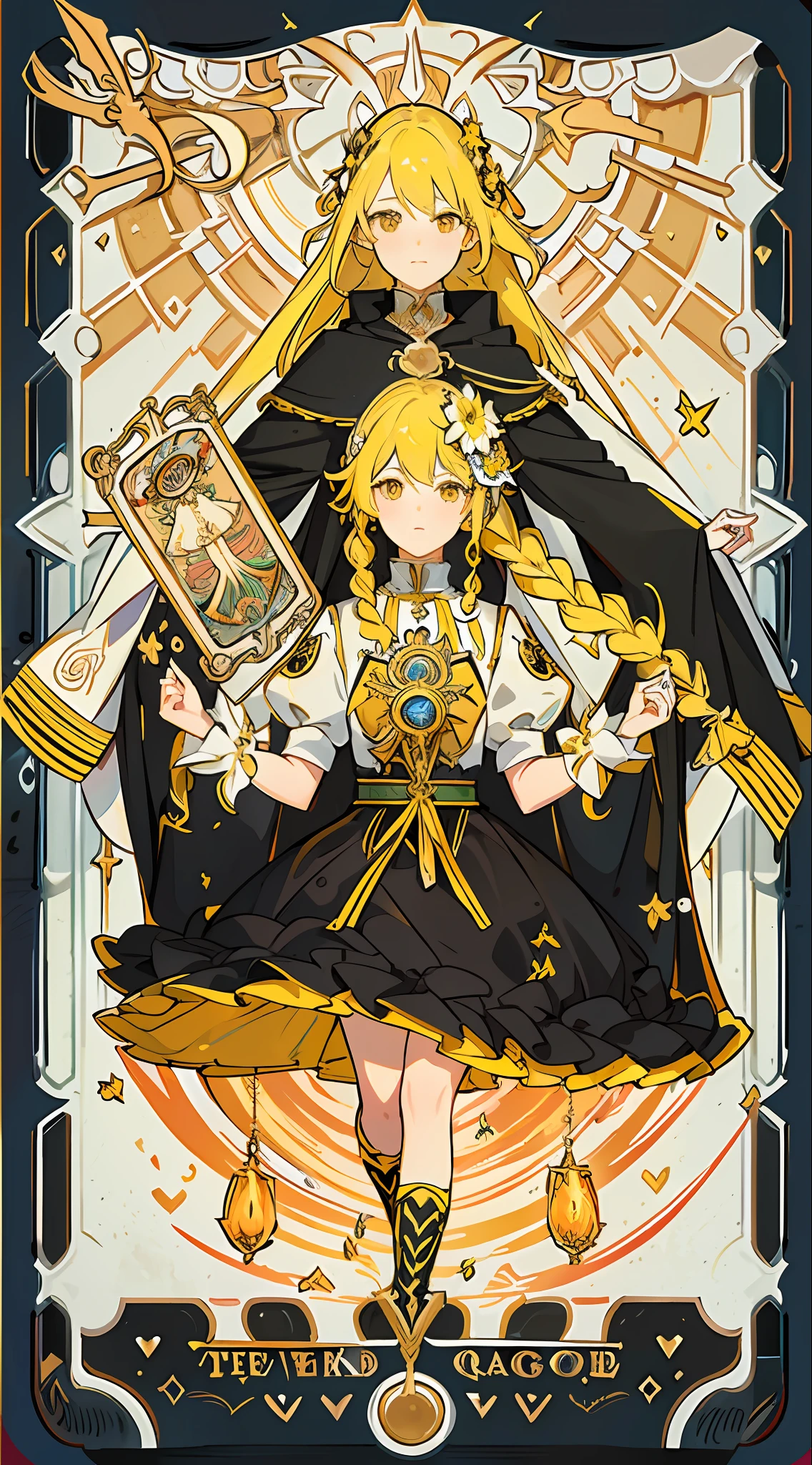 (masterpiece, top quality, best quality, official art, beautiful and aesthetic:1.2), (1girl:1.3), (fractal art:1.3), card, tarot, yellow hair, twin braids, hearts , hair flower, (good lighting:1.1), ((highres)), Tarot card style