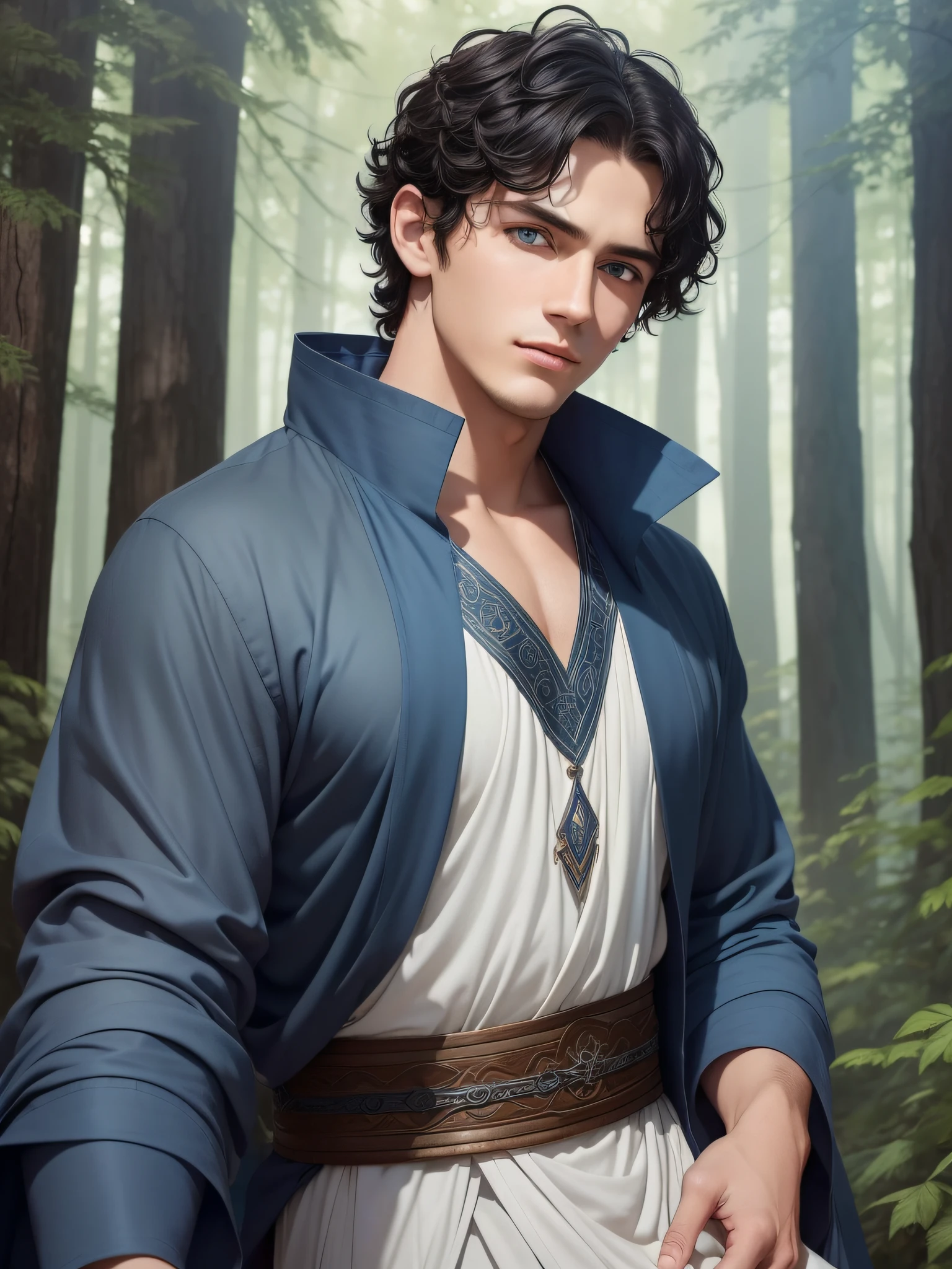 There is a young man with a handsome face and short curly black hair and big blue eyes in a sunny forest, a thoughtful attentive expression on a handsome face, full-length, dressed in a gray long old-style tunic without jewelry, seratya fabric without patterns, ((masterpiece)), (best quality)