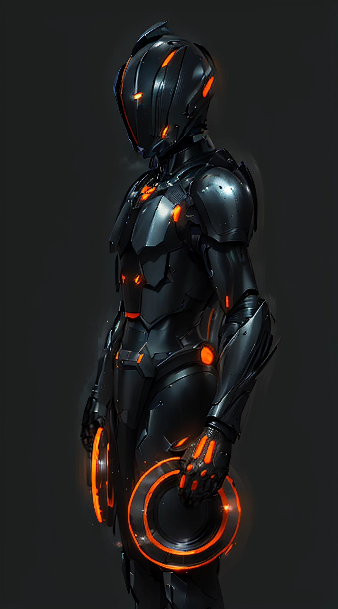 (Night, Moonlight, black and orange armor character, futuristic style, 1.75, solar energy powers, throwing orange plasma by the hands, creating force fields, flies --auto --s2