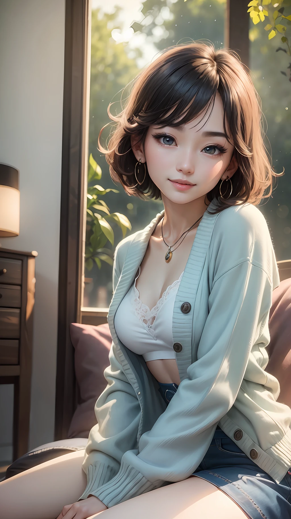 Smiling minchen, ridiculous, closed mouth, balanced eyes, (Best Quality Detail: 1.2), Realistic, 8K HD, Ultra Detailed, High Quality Texture, Complex Detail, Detailed Texture, Fine Detail, High Detail, Very Detailed CG, High Quality Shadows, Delicate Beautiful Delicate Face, (Delicate Beautiful Delicate Eyes: 1.32), Depth of Field, Ray Tracing, (A Beautiful 25-Year-Old Cute Japanese Lady: 1), Small Breasts, Tall Feminine, Beautiful Legs, Glowing Eyes, Blush, Perfect Petite, Scrawny, Blurred Outdoor Background, Silver Tight Bra, Blue Taste Denim Jacket, Cardigan Coat: 1.1, [Brown skirt]: 1, stockings and suspenders: 1.2, short hair, comfortable living room, sunshine, kneeling on sofa, earrings, necklace, model, looking at the audience, dynamic pose, earrings, necklace, model, looking at the audience, from the side, dynamic pose, front --auto --s2