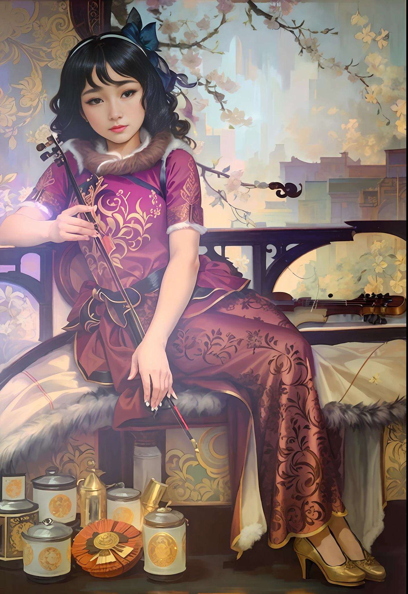 (positive focus, original photo), portrait close-up, (in the dark:1.1), Surrealist female portrait David Hockney and Alphonse Mucha, fantasy art, 1 girl, wearing gorgeous fur and holding violin, photo realistic, dynamic lighting, art station, poster, volumetric lighting, very detailed faces, 4 K, Award-winning, 1 girl, shadow, understated, (official costume: 1.4, gorgeous furs, intricate costumes, furs), looking at camera, bust shot, ((realistic face))) ,