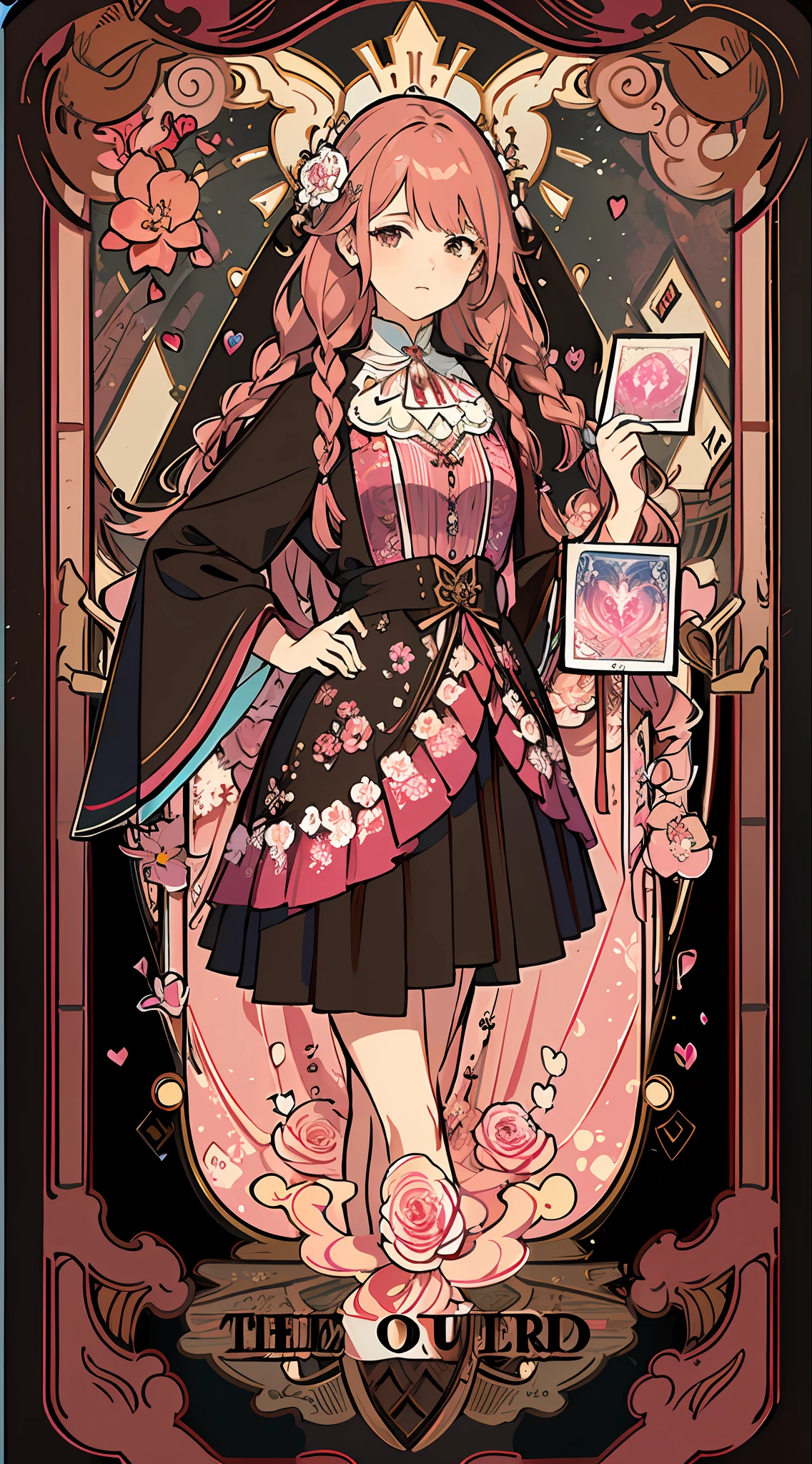 (masterpiece, top quality, best quality, official art, beautiful and aesthetic:1.2), (1girl:1.3), (fractal art:1.3), card, tarot, brown and pink hair, hearts, twin braids, hair flower, (good lighting:1.1), ((highres)), Tarot card style