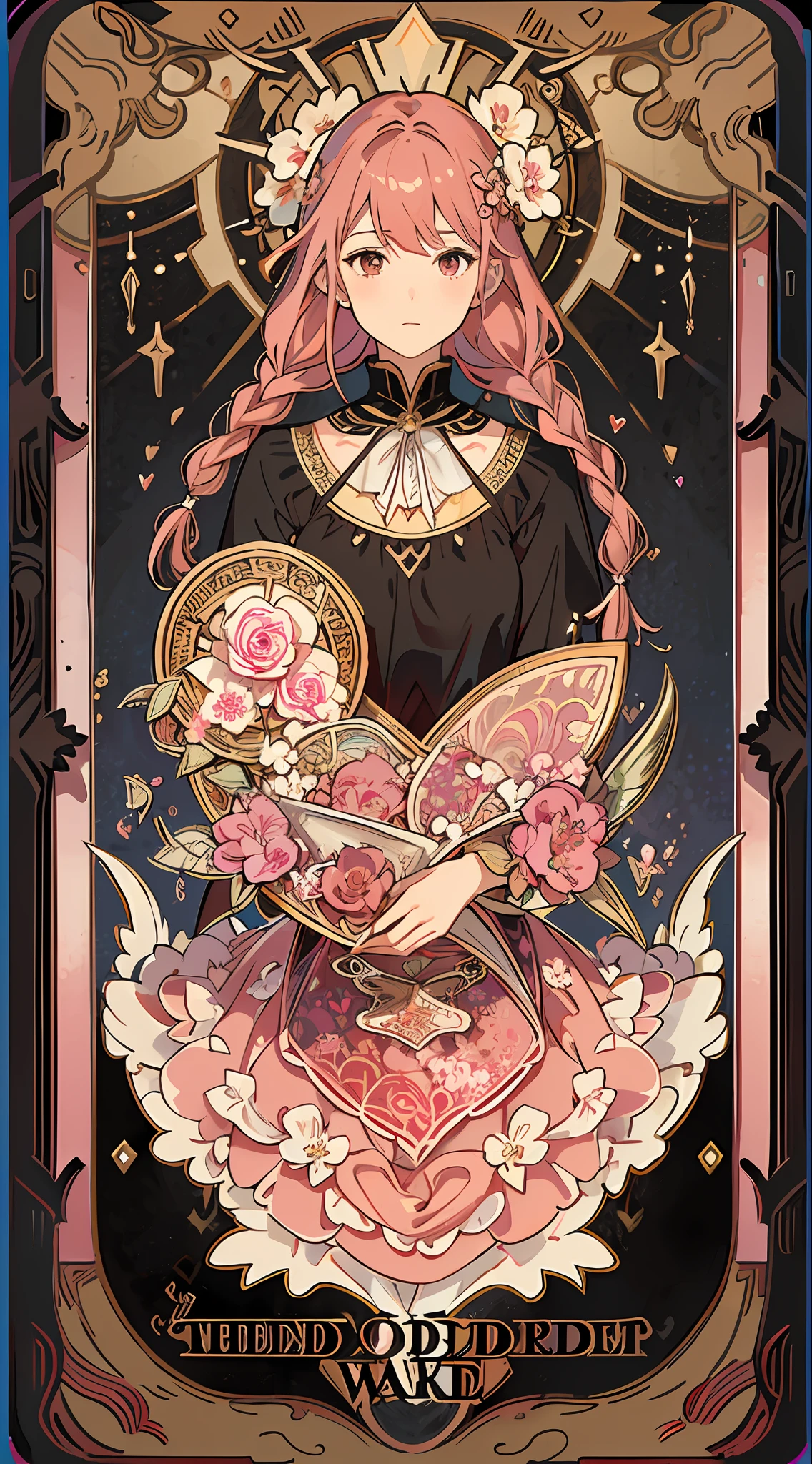 (masterpiece, top quality, best quality, official art, beautiful and aesthetic:1.2), (1girl:1.3), (fractal art:1.3), card, tarot, brown and pink hair, hearts, twin braids, hair flower, (good lighting:1.1), ((highres)), Tarot card style