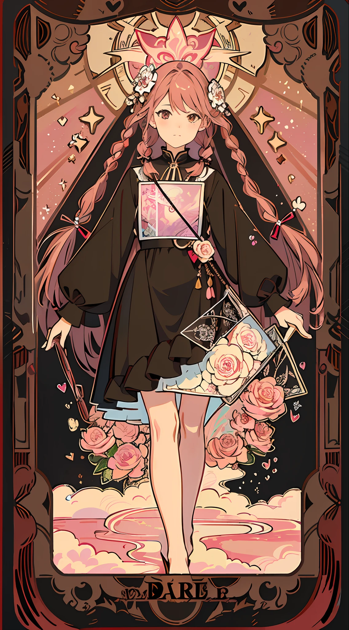 (masterpiece, top quality, best quality, official art, beautiful and aesthetic:1.2), (1girl:1.3), (fractal art:1.3), card, tarot, brown and pink hair, hearts, twin braids, hair flower, (good lighting:1.1), ((highres)), Tarot card style