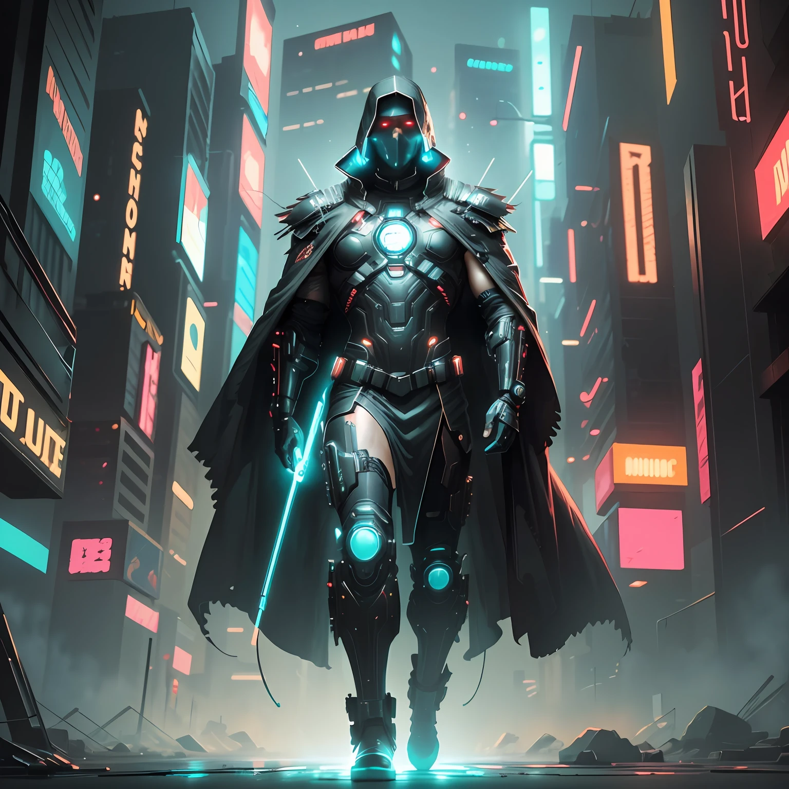 (best quality:1.3), (best performance:1.2), (best illustration:1.2), (Comic style:1.2), (artistic cinematic lighting:1.2) (1man) wearing futuristic technological Cyberpunk electronic robes, his body is covered by metallic parts, in a cinematic horror movie background in a futuristic Cyberpunk city.