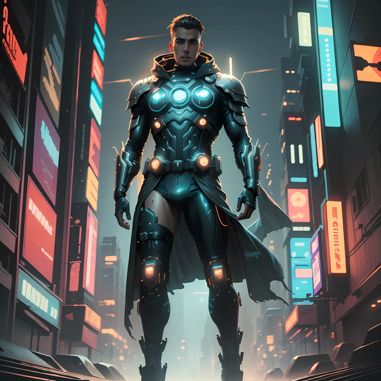 (best quality:1.3), (best performance:1.2), (best illustration:1.2), (Comic style:1.2), (artistic cinematic lighting:1.2) (1man) wearing futuristic technological Cyberpunk electronic robes, his body is covered by metallic parts, in a cinematic horror movie background in a futuristic Cyberpunk city.