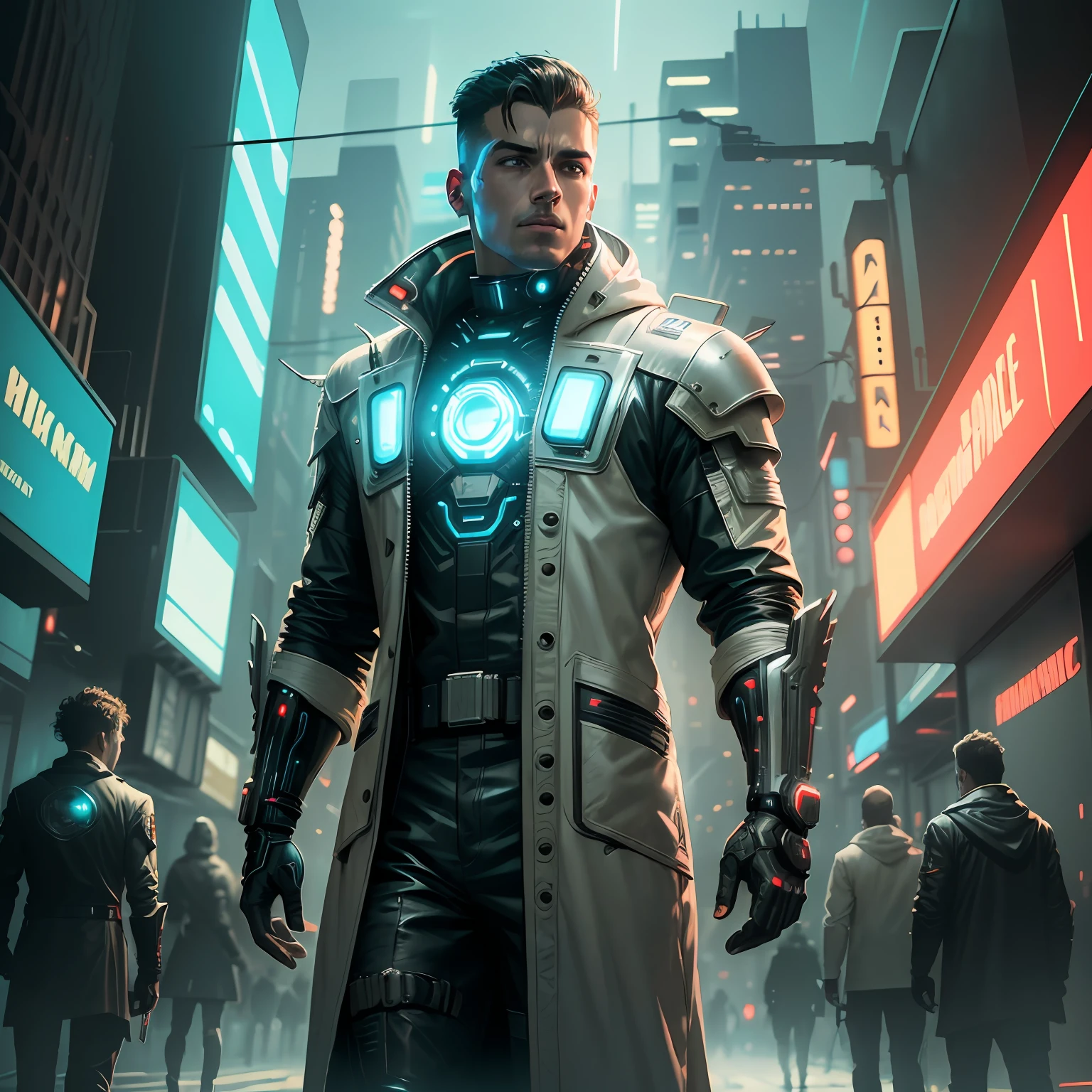 (best quality:1.3), (best performance:1.2), (best illustration:1.2), (Comic style:1.2), (artistic cinematic lighting:1.2) (1man) wearing futuristic technological Cyberpunk electronic robes, his body is covered by metallic parts, in a cinematic horror movie background in a futuristic Cyberpunk city.