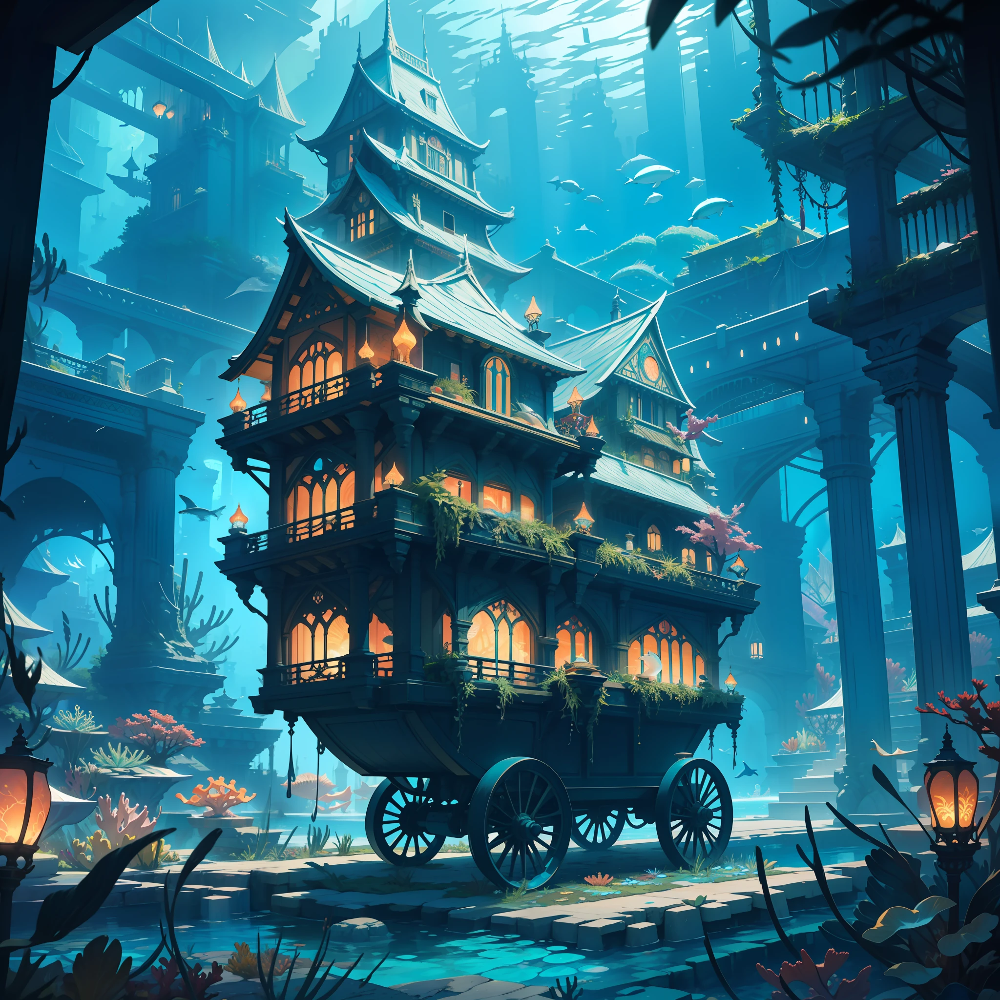 A living underwater city, illuminated by bioluminescent corals and aquatic plants, where fish of all kinds swim gracefully around. In the city center there is a huge, ornate shell throne adorned with pearls and shell jewellery, surrounded by colorful fish, carriages drawn by dolphins carrying dignitaries to the palace, giant sharks
