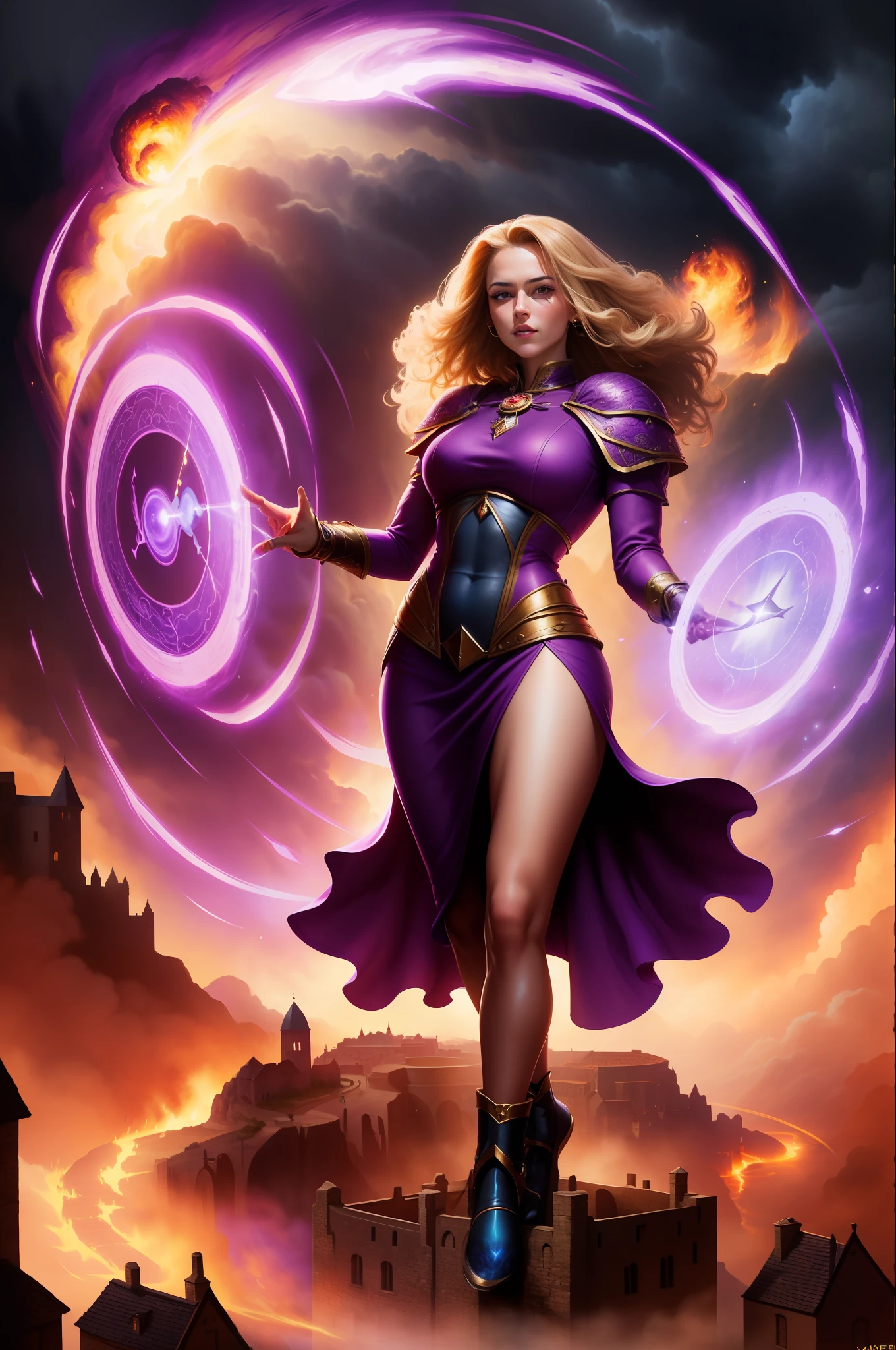 masterpiece, best quality, detailed, 1girl, tight dress, magic circle, casting spells, fantasy, purple power, power, fire, meteor, mage, high-resolution, medieval village, storm, burning, village street, rock, dirt
