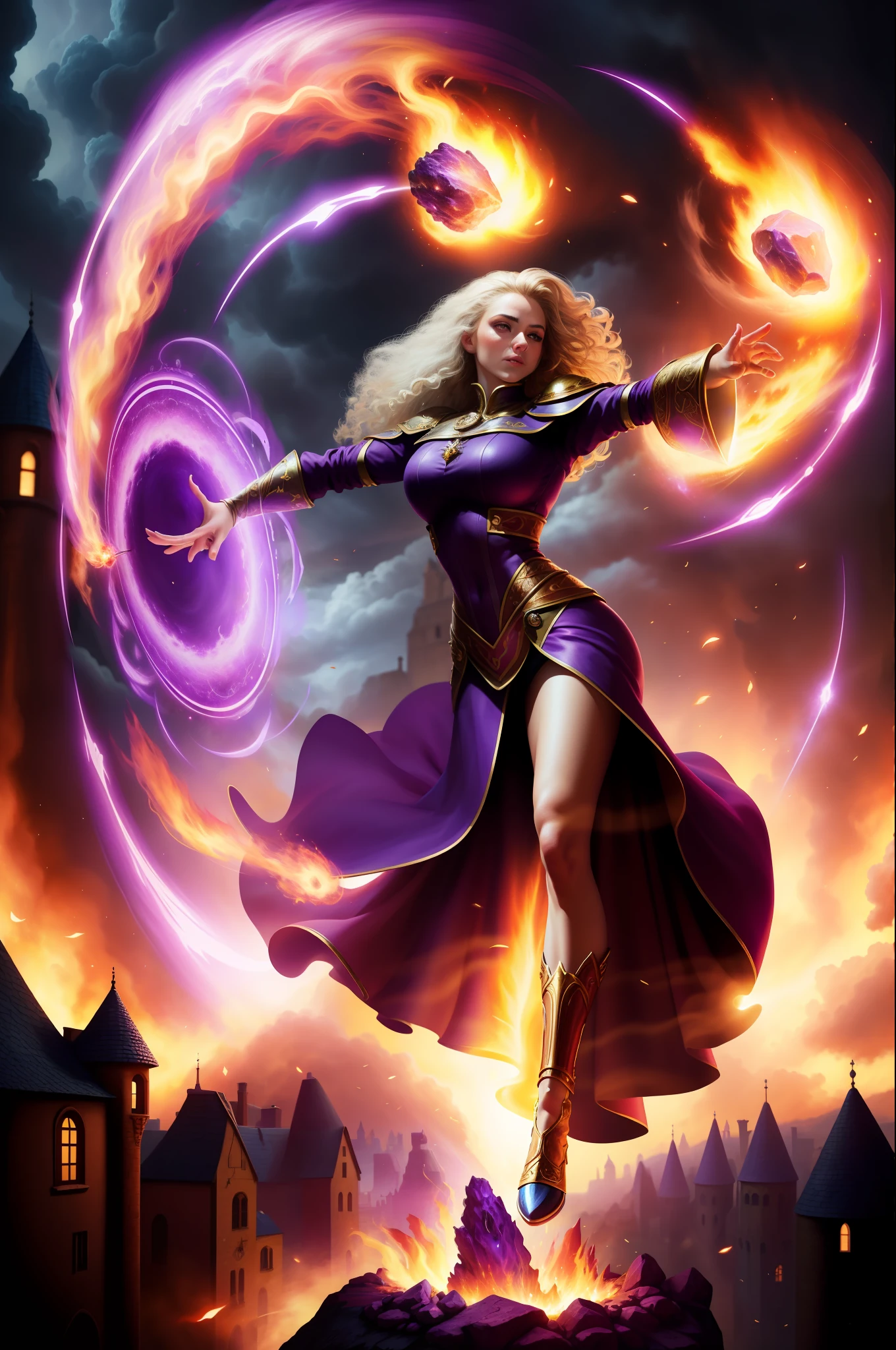 masterpiece, best quality, detailed, 1girl, tight dress, magic circle, casting spells, fantasy, purple power, power, fire, meteor, mage, high-resolution, medieval village, storm, burning, village street, rock, dirt
