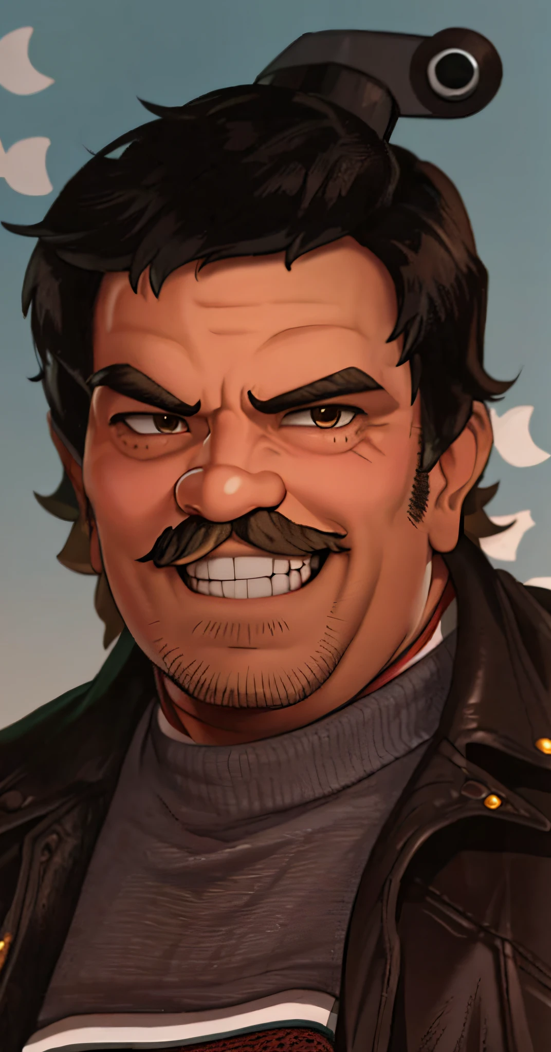 Wario, man with a mustache and a leather jacket smiling, Wearing a Wario hat, smiling, toothy grin, looking at viewer