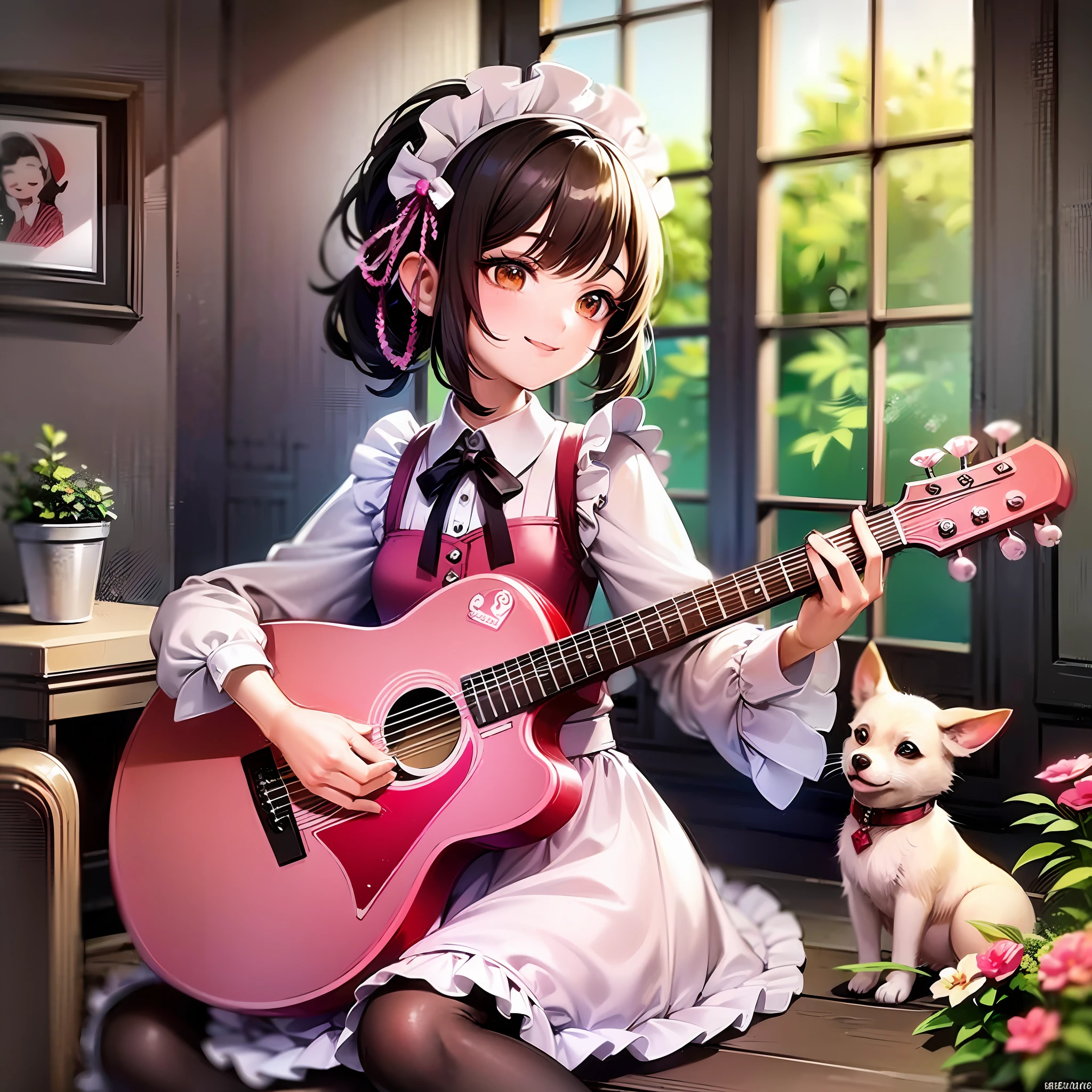 (Masterpiece: 1.4), (Very beautiful: 1.4), (One girl maid playing pink guitar: 1.4), (White Chihuahua + dog: 1.4), (Smile: 1.3), (Relax: 1.3), (Peace: 1.2), (Music: 1.2), (Healing: 1.3), (Beautiful scene: 1.3), (Floating: 1.2)