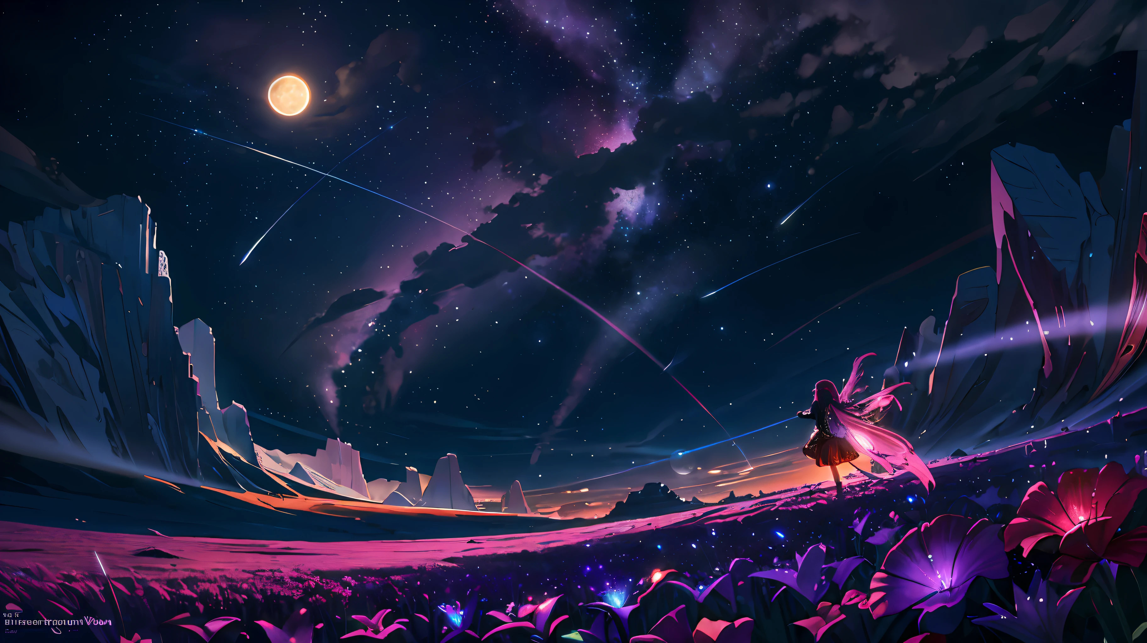 expansive landscape photograph , (a view from below that shows sky above and open field below), a girl standing on flower field looking up, (full moon:1.2), ( shooting stars:0.9), (nebula:1.3), distant mountain, tree BREAK
production art, (warm light source:1.2), (Firefly:1.2), lamp, lot of purple and orange, intricate details, volumetric lighting, realism BREAK
(masterpiece:1.2), (best quality), 4k, ultra-detailed, (dynamic composition:1.4), highly detailed, colorful details,( iridescent colors:1.2), (glowing lighting, atmospheric lighting), dreamy, magical, (solo:1.2)