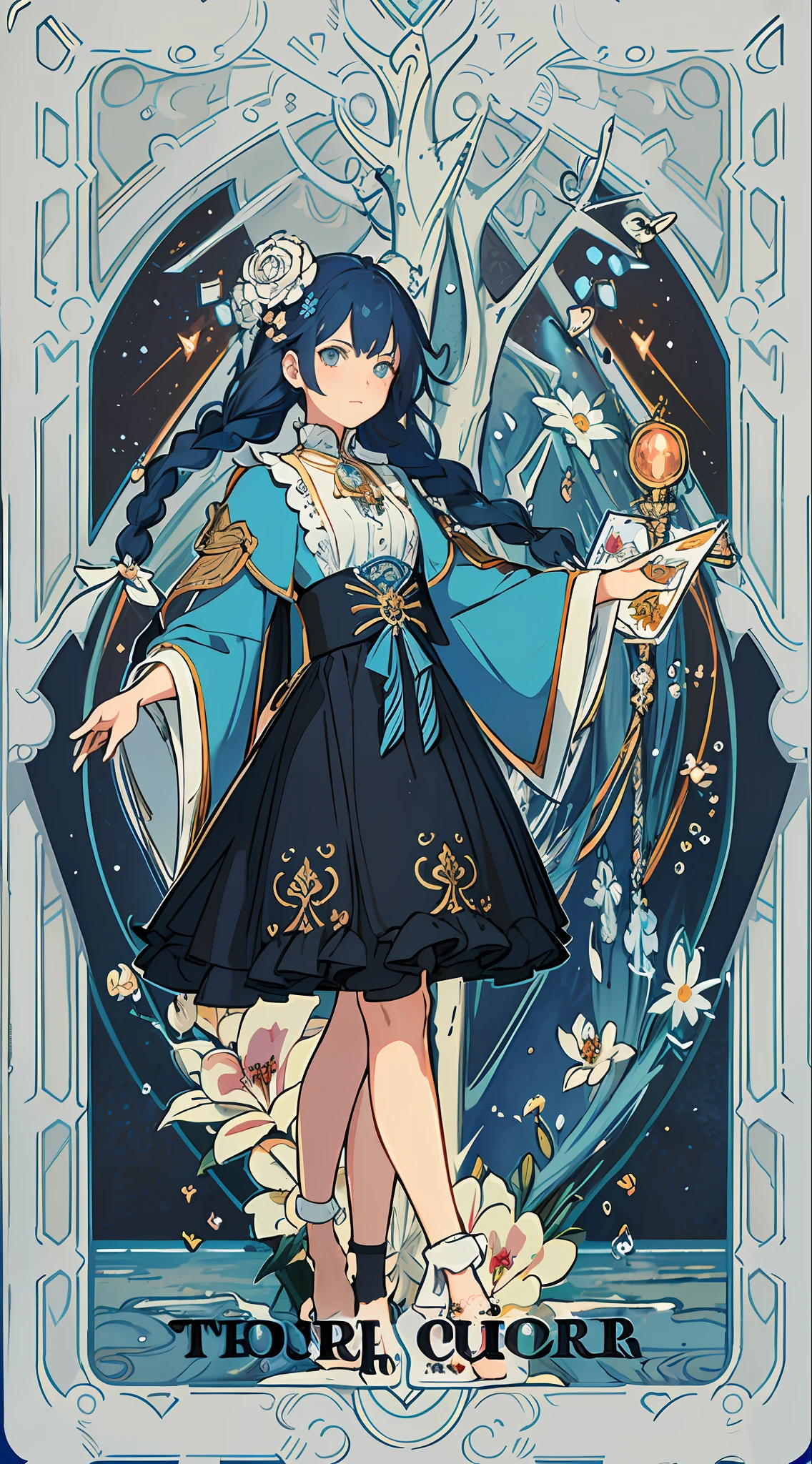 (masterpiece, top quality, best quality, official art, beautiful and aesthetic:1.2), (1girl:1.3), (fractal art:1.3), card, tarot, brown and blue hair, hearts, twin braids, hair flower, (good lighting:1.1), ((highres)), Tarot card style
