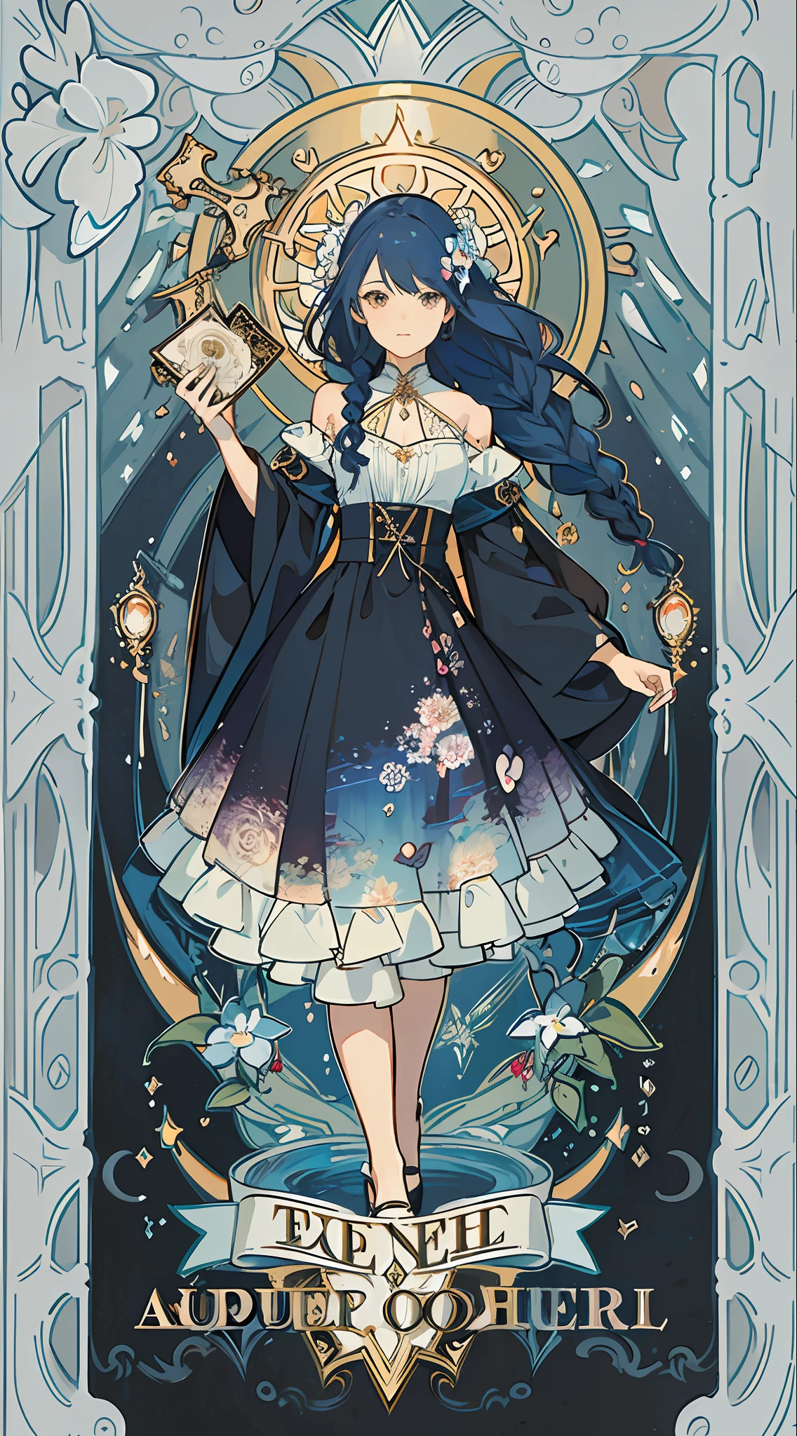 (masterpiece, top quality, best quality, official art, beautiful and aesthetic:1.2), (1girl:1.3), (fractal art:1.3), card, tarot, brown and blue hair, hearts, twin braids, hair flower, (good lighting:1.1), ((highres)), Tarot card style