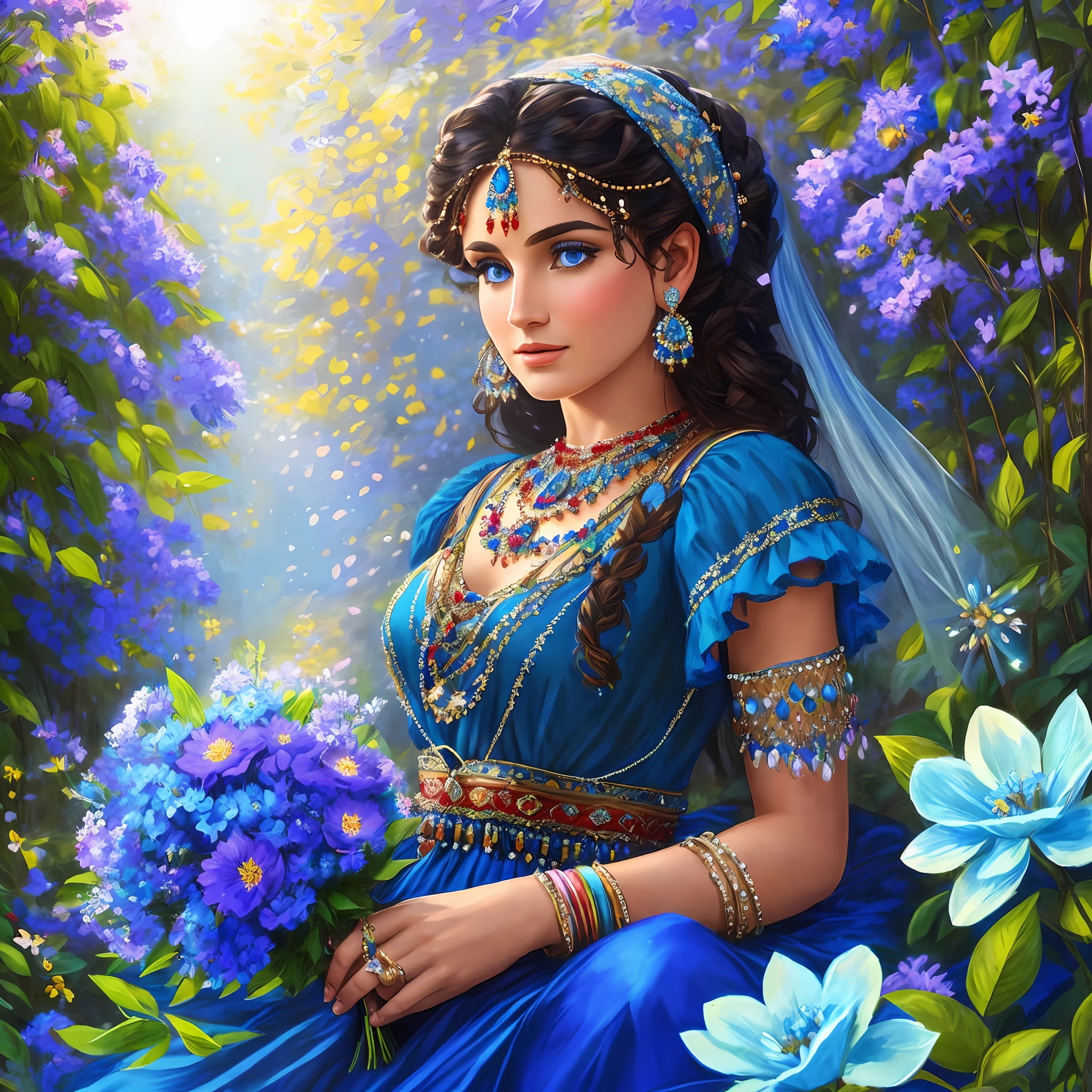 Gypsy with blue dress, fan, jewelry, flowers, magical scene, realistic, 8k ,