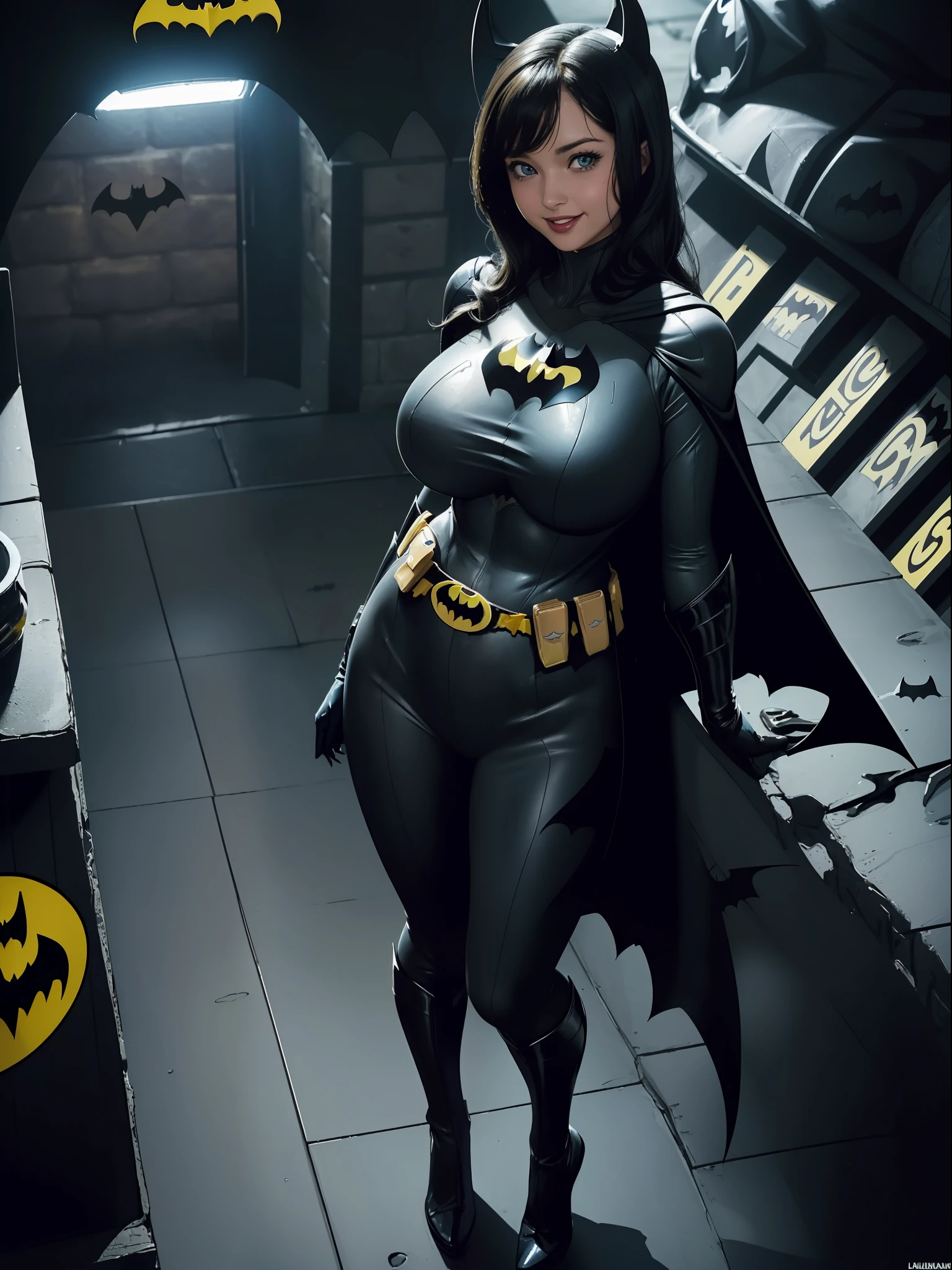 (Full body image:1.4), (Laurana/Woman:1.5), (Big breasts:2), (Wearing batman costume/with yellow belt:1.5), (looking at viewer/smiling:1.3), (She's inside the BatCave in front of the BatMobile:1.5), (She has short black hair:1.3), (light blue eyes:1.3), (her costume is an extremely tight body:1.4), (doing sexy poses while standing: 1.2), (body/hair/extremely wet: 1.1), (award-winning, UHD, anime, high detail, 16k, high quality, masterpiece)