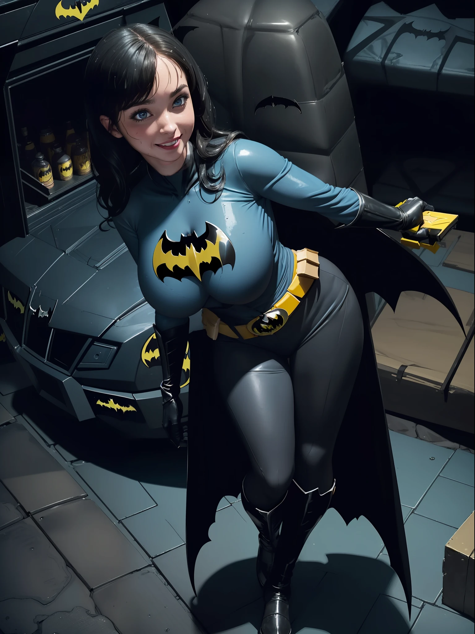 (Full body image:1.4), (Laurana/Woman:1.5), (Big breasts:2), (Wearing batman costume/with yellow belt:1.5), (looking at viewer/smiling:1.3), (She's inside the BatCave in front of the BatMobile:1.5), (She has short black hair:1.3), (light blue eyes:1.3), (her costume is an extremely tight body:1.4), (doing sexy poses while standing: 1.2), (body/hair/extremely wet: 1.1), (award-winning, UHD, anime, high detail, 16k, high quality, masterpiece)