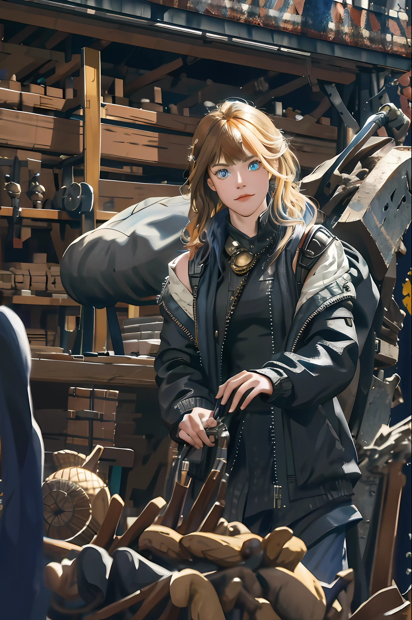 (absurdres, highres, ultra detailed), 1woman, mature female, aged up, wavy long hair, split-color hair, heterochromia, bangs, long sleeves, finely detailed eyes and detailed face, extremely detailed CG unity 8k wallpaper, intricate details, (style-rustmagic:0.8), (medieval cyborg:0.8), portrait, (bloody wounds:0.7), looking at viewer, solo, half shot, detailed background, (steampunk theme:1.1) determined expression, dark couds technomancer, floating lights, color leather vest with gears, techwear, jetpack, workshop in background, machines, gears, steam, industry, technology, furnace, grime, anvil, buttons, levers, automaton, electricity, electric sparks epic atmosphere,, portrait