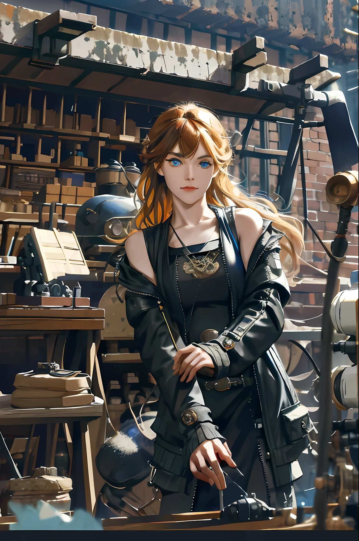 (absurdres, highres, ultra detailed), 1woman, mature female, aged up, wavy long hair, split-color hair, heterochromia, bangs, long sleeves, finely detailed eyes and detailed face, extremely detailed CG unity 8k wallpaper, intricate details, (style-rustmagic:0.8), (medieval cyborg:0.8), portrait, (bloody wounds:0.7), looking at viewer, solo, half shot, detailed background, (steampunk theme:1.1) determined expression, dark couds technomancer, floating lights, color leather vest with gears, techwear, jetpack, workshop in background, machines, gears, steam, industry, technology, furnace, grime, anvil, buttons, levers, automaton, electricity, electric sparks epic atmosphere,, portrait