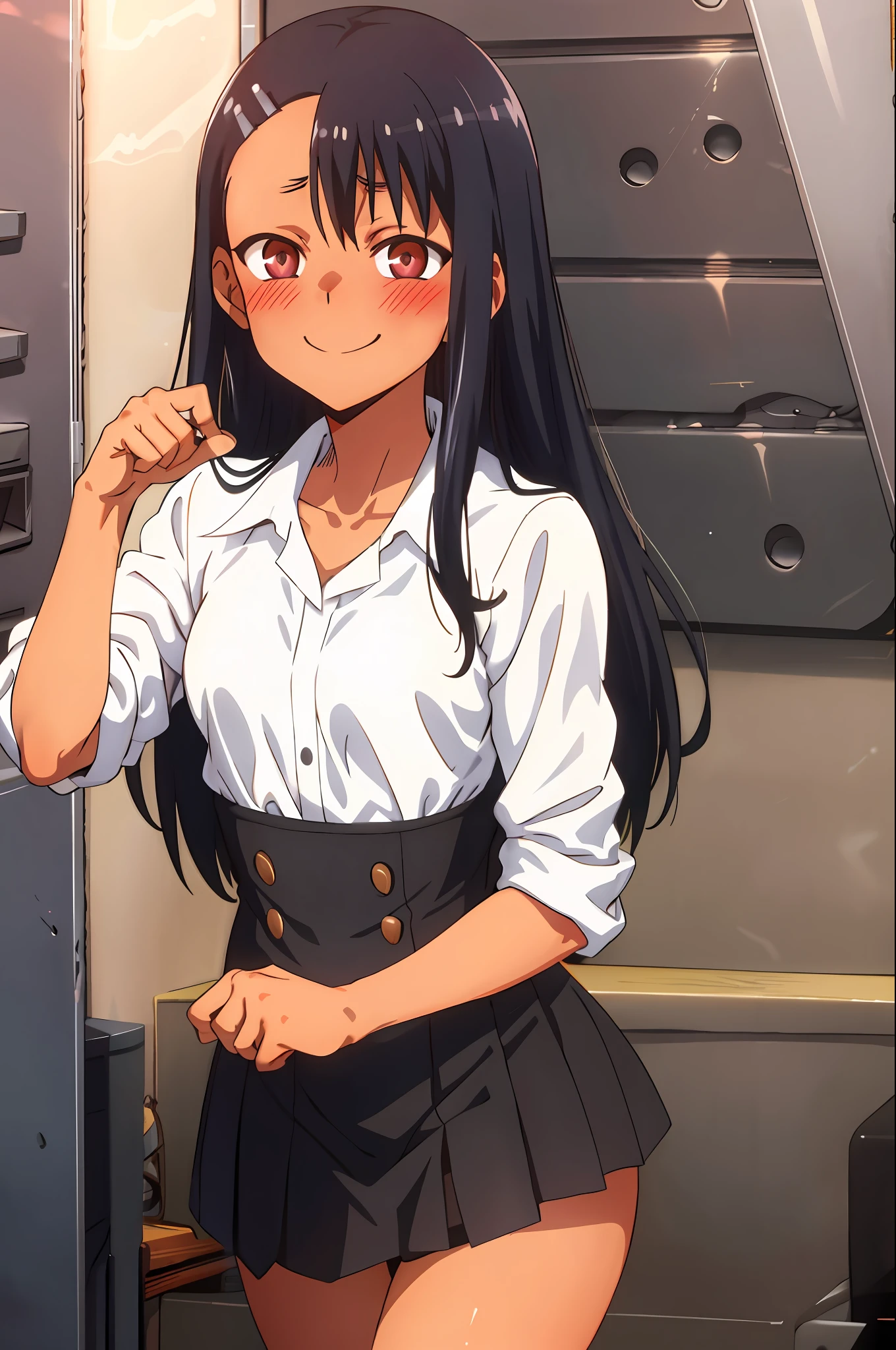 nagatoro hayase, black panties, neckline, small breasts, (bottom:1.2), curved, smile, blush, best quality, masterpiece, perfect lighting,
