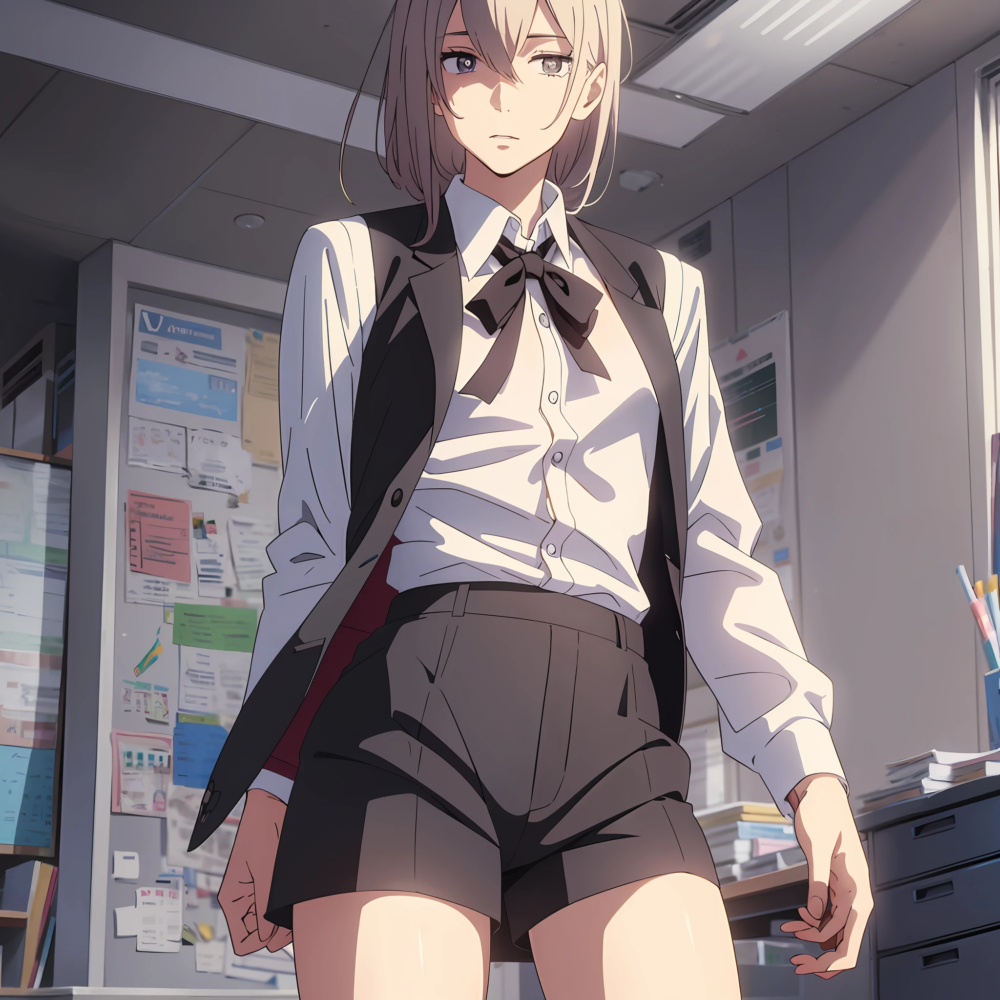Anime-style image of beautiful slender young man in office clothes in shorts. Vest. White blouse. Ribbon at chest. --auto --s2