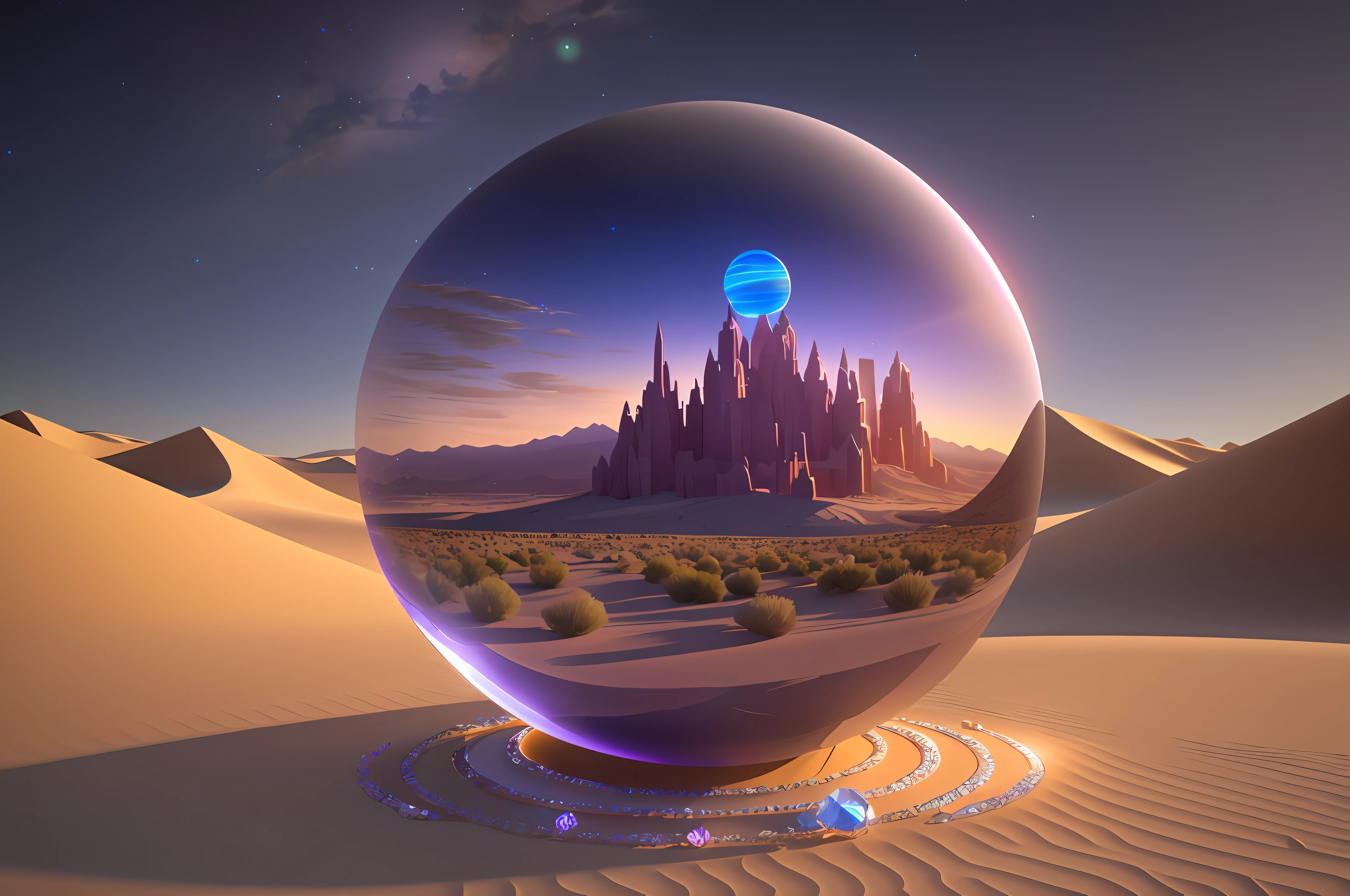 There is a crystal ball sitting on the desert, ethereal starlight city at sunset, fantasy planet, 3D rendering of Bippul, inspired by Philip Hoddas, in the art style of Philip Hodass, Planet Landscape, inspired by Bipple, epic dreamy fantasy landscape, inspired by Mike "Bipple" Winckelman --auto --s2