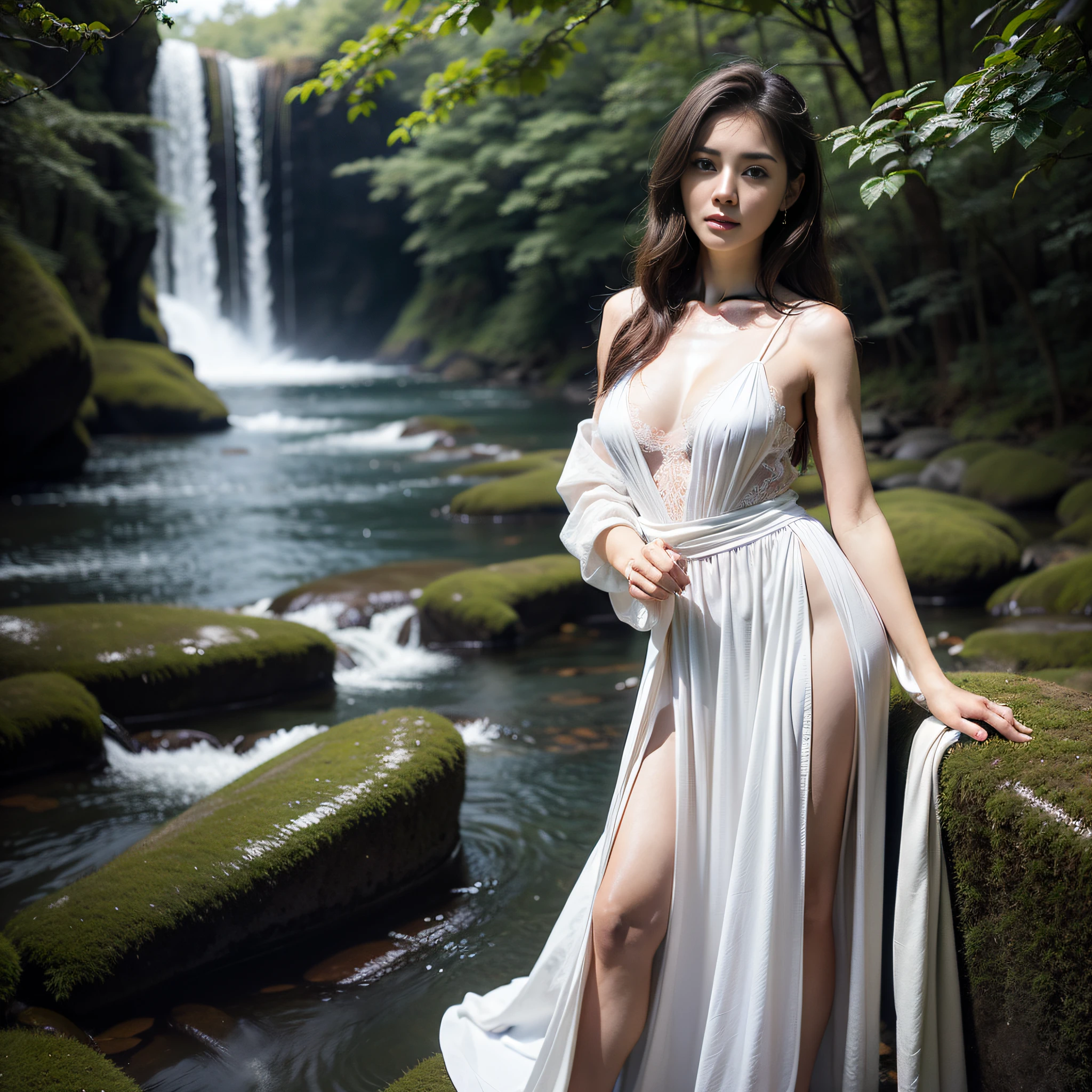 Photo, (Photorealistic: 1.4), (Hyperrealistic: 1.4), (Smooth lighting: 1.05), (Improved lighting quality in movies: 0.9), Beautiful and attractive woman, Japan person, Solo, Beautiful and delicate face, white dress, (Captive Princess: 1.3), Tears in beautiful eyes, Frightened woman, Dark forest of Europe, dense forest, deep fog, river, canon 35mm, f:2.8 ,