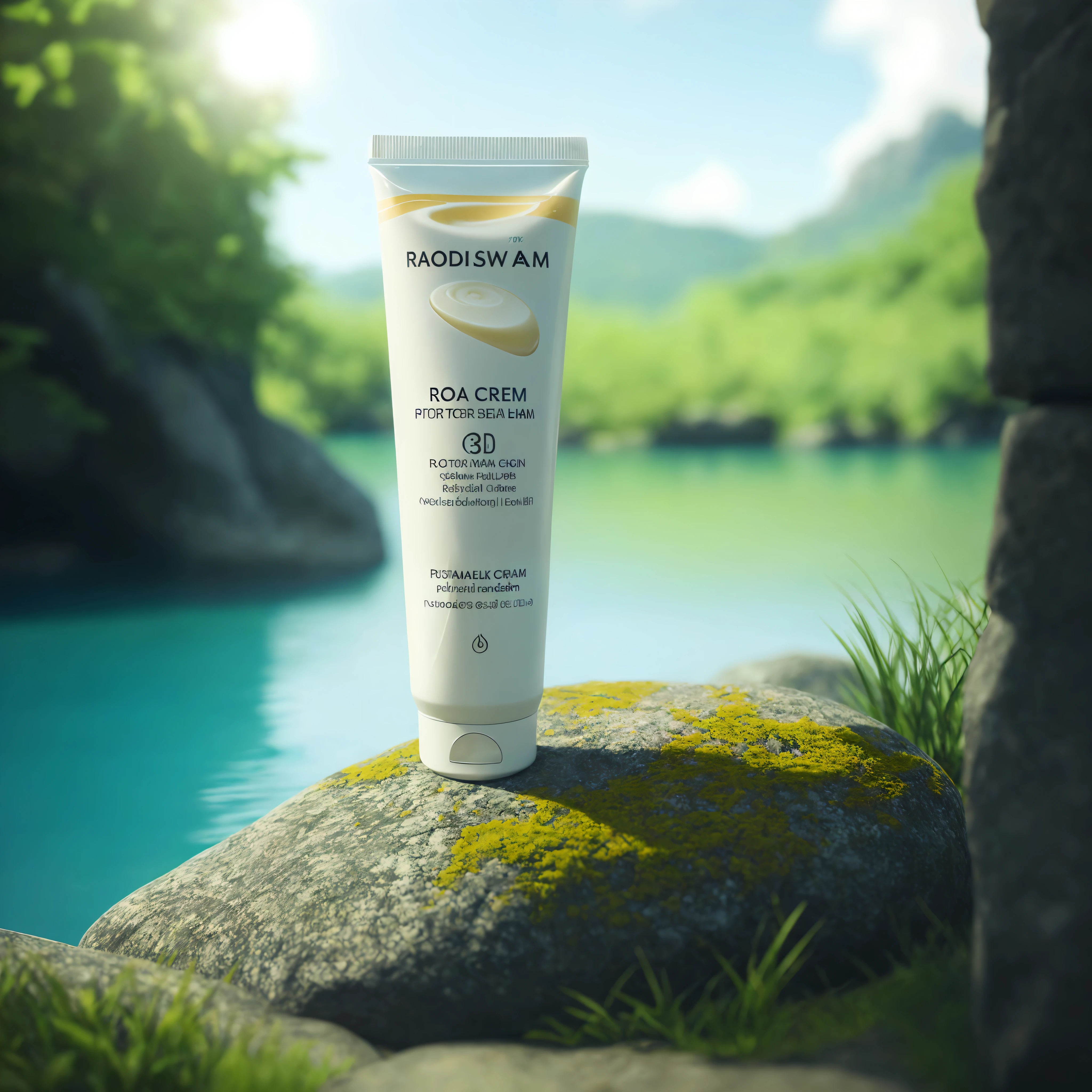 a close up of a tube of cream on a rock near a body of water, a photorealistic rendering, clean photorealistic realistic, denoised photorealistic render, 3 d photorealistic render, photoreal render, beautiful photorealistic imagery, photorealistic 3 d render, photorealistic 3d render, photography photorealistic, highly detailed photorealistic, high quality topical render